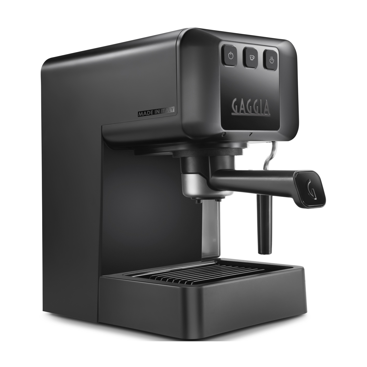 Macchina da caffè espresso nera con manico e pulsanti argentati.
