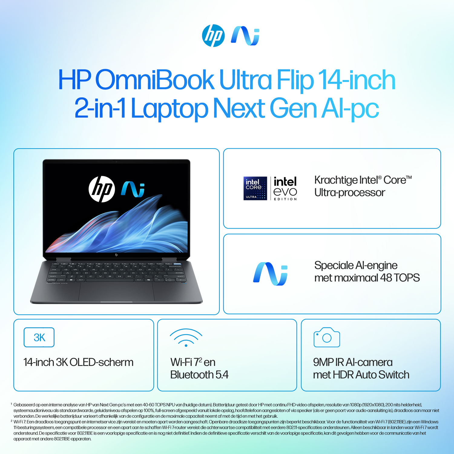 HP OmniBook Ultra Flip 14-inch 2-in-1 laptop met 3K OLED, Intel Core Ultra, Wi-Fi 7, BT 5.4, 9MP IR camera.