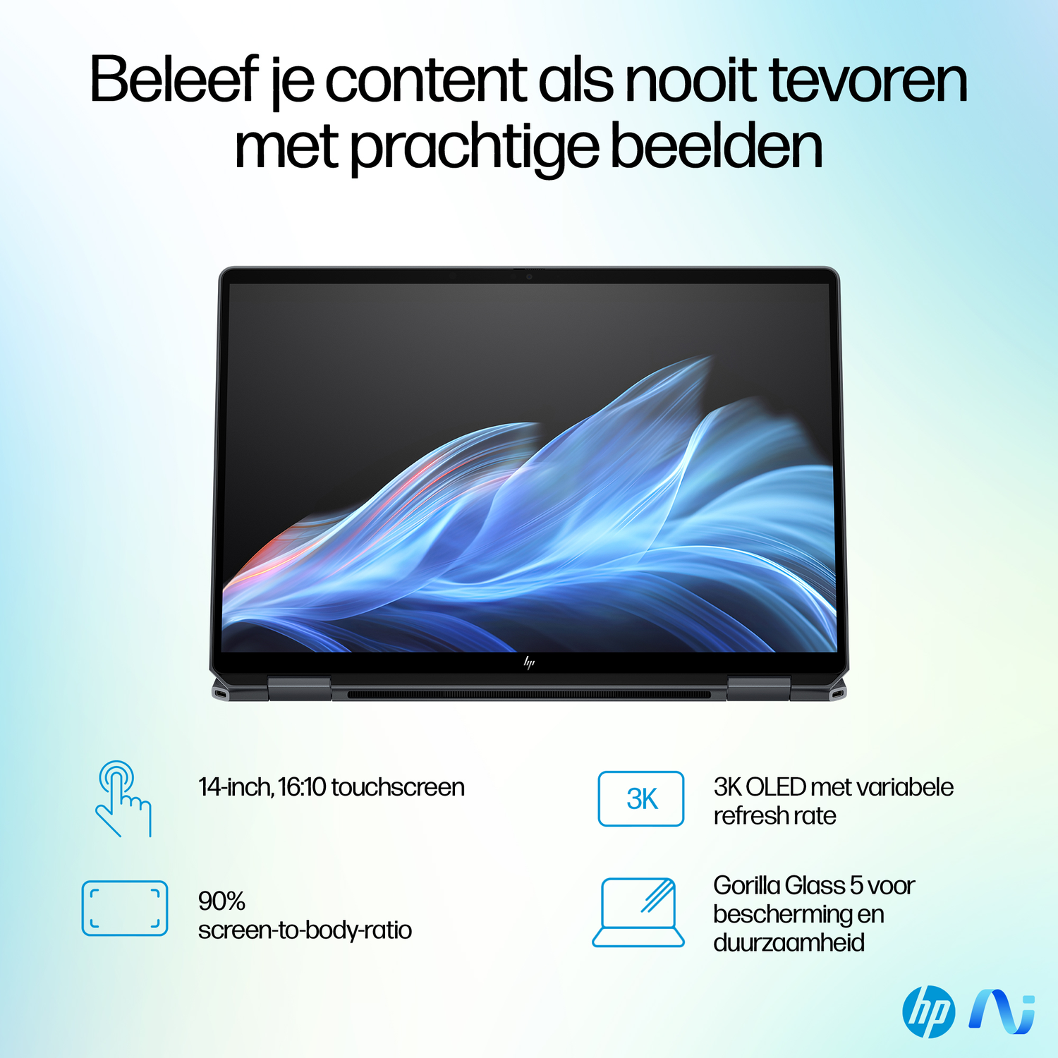 HP laptop met 14-inch 3K OLED touchscreen, 90% schermratio, Gorilla Glass 5.