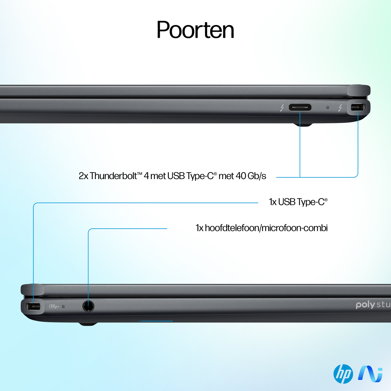Close-up van een donkere laptop met poorten: 2x Thunderbolt 4, 1x USB-C, 1x hoofdtelefoon/microfoon combi.