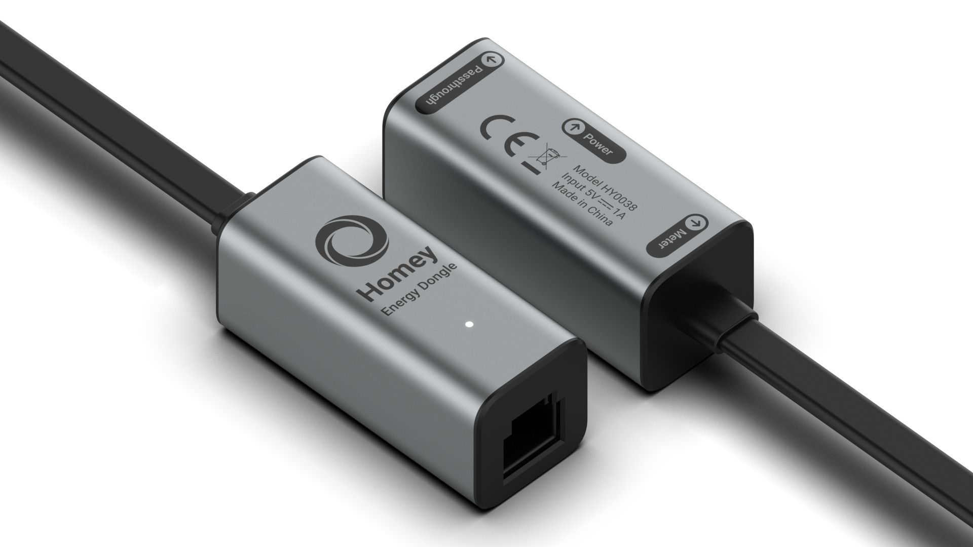 Zwei silberne Homey Energy Dongles mit Kabeln, auf weißem Hintergrund.