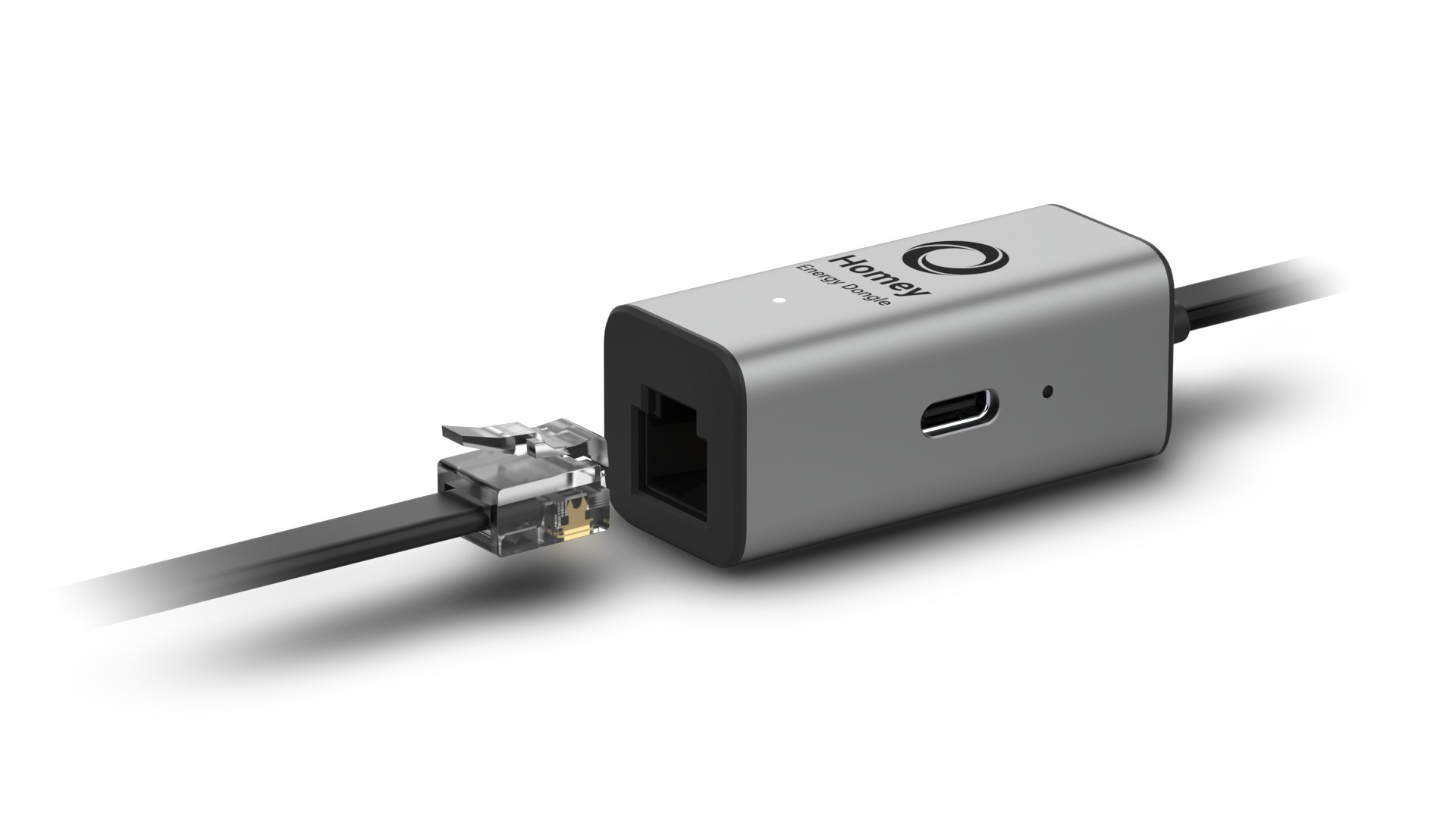 Ein silberner Homey Energy Dongle mit Netzwerkkabel und USB-C-Anschluss.