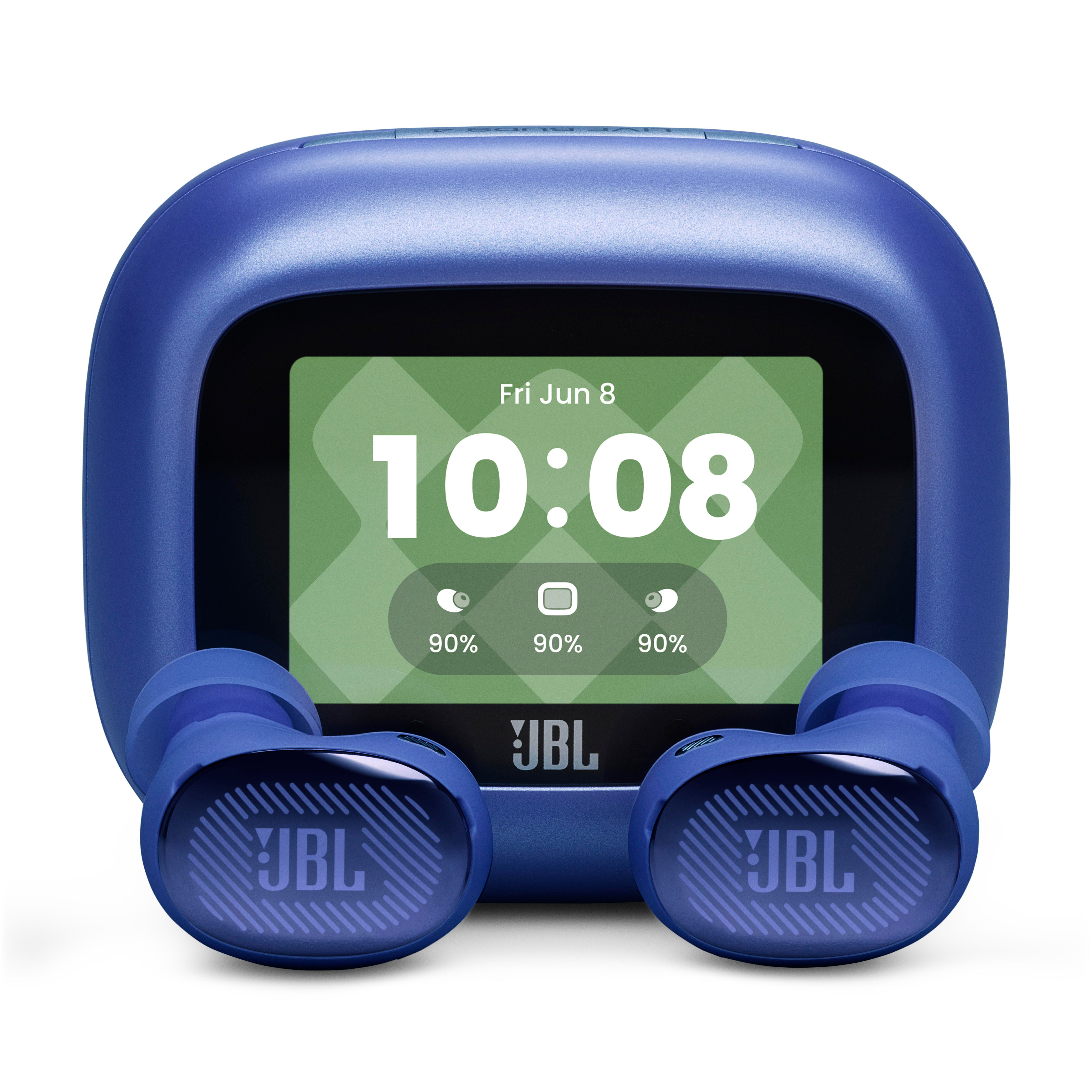 Blaue JBL Kopfhörer mit Ladecase. Das Display zeigt 10:08 Uhr an.