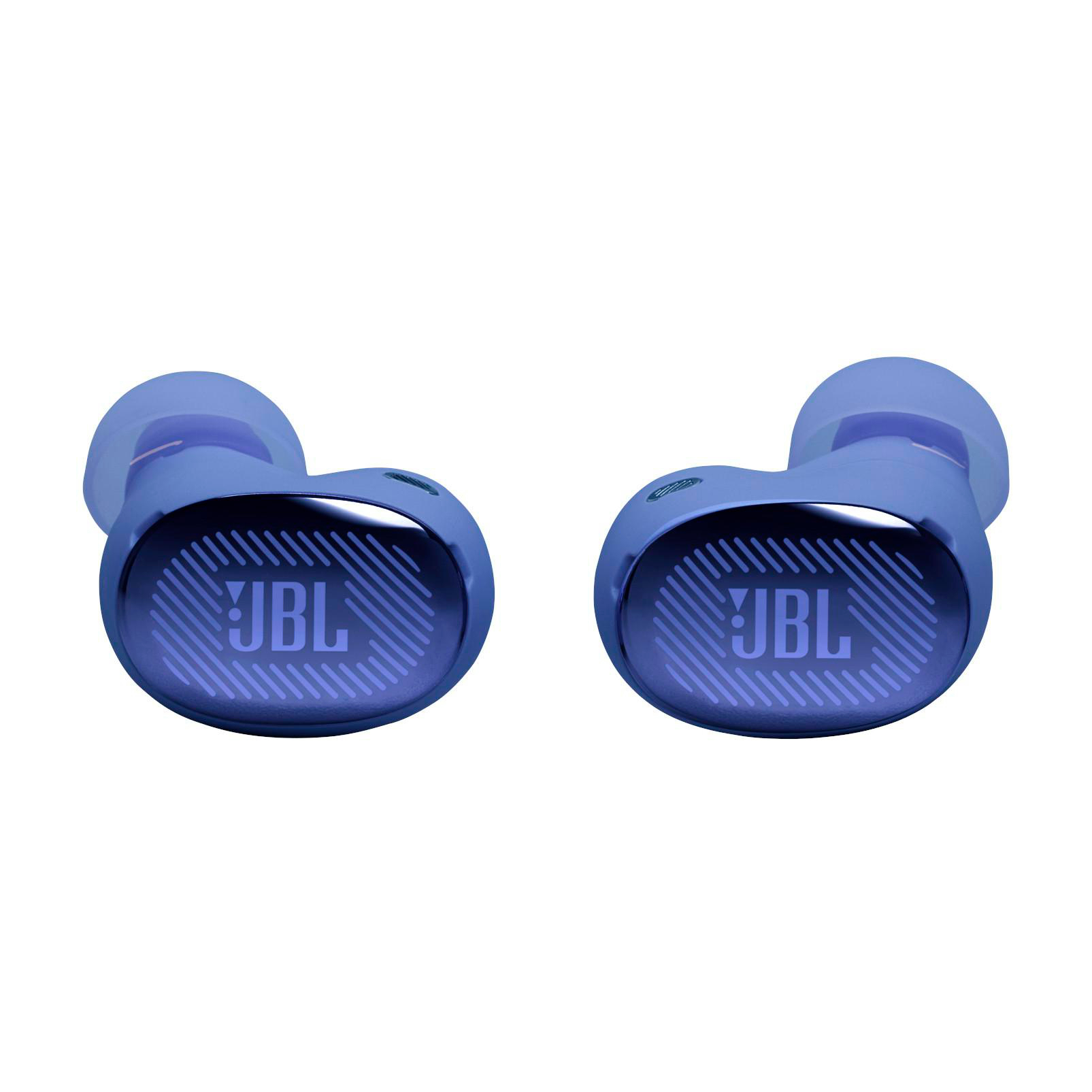 Zwei blaue JBL Ohrhörer mit weißem Hintergrund.