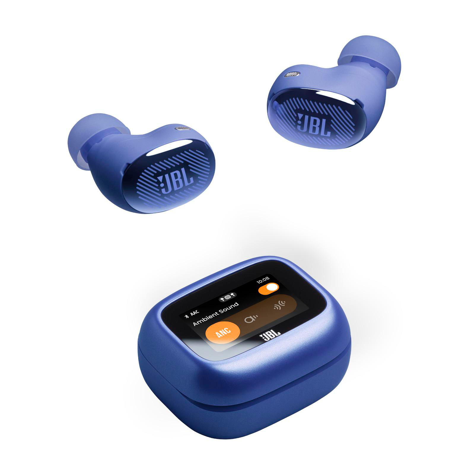 Zwei blaue JBL-Ohrhörer und ihre blaue Ladebox mit Bildschirm.