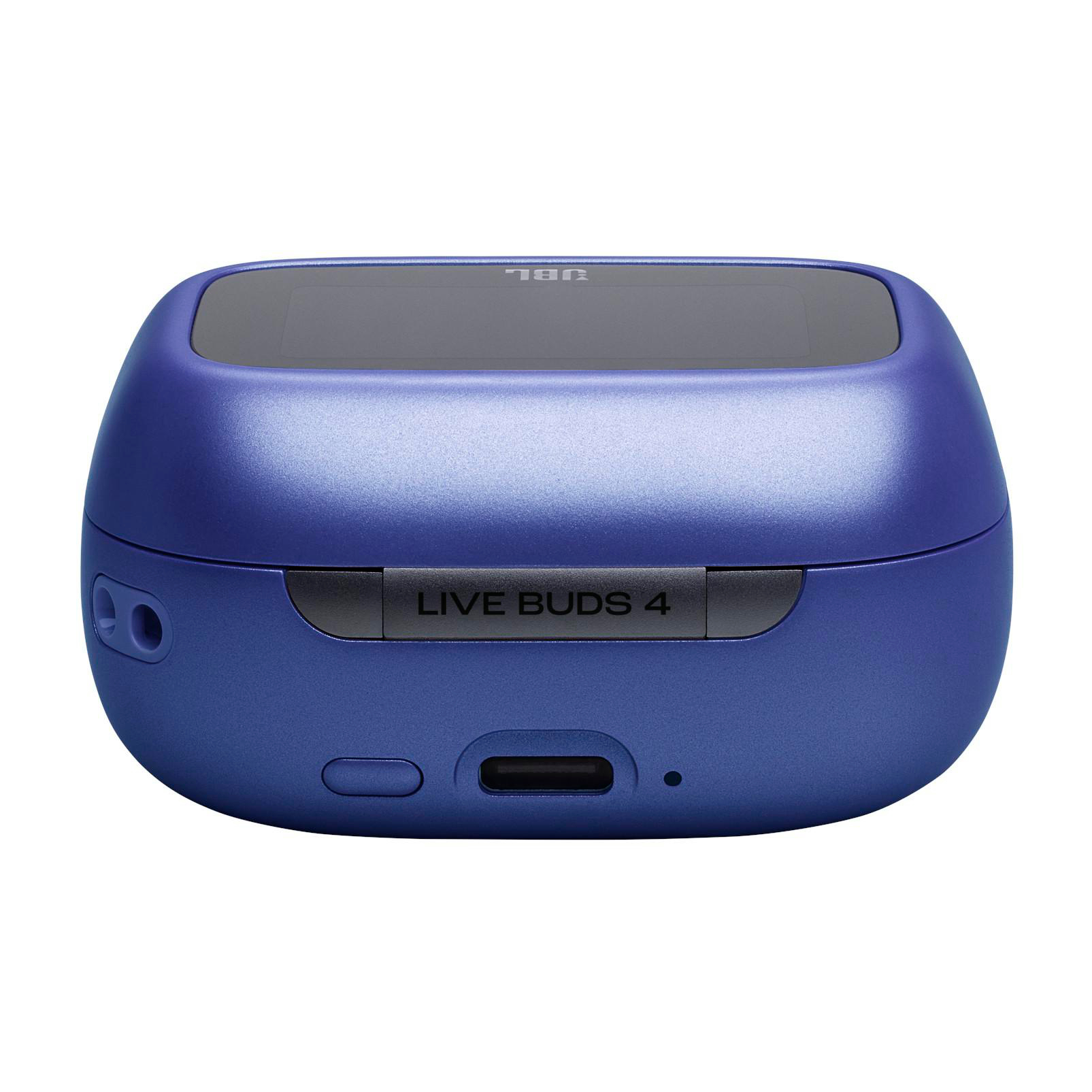 Blaue JBL Live Buds 4 Ladehülle mit USB-C-Anschluss.
