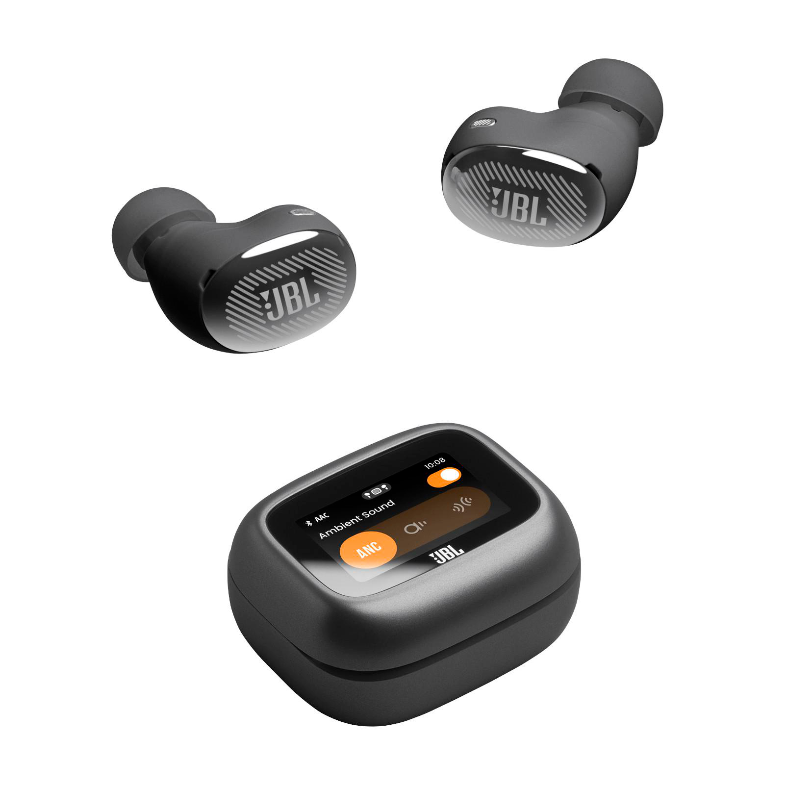 Drei schwarze JBL-Kopfhörer und eine Ladehülle mit Display.