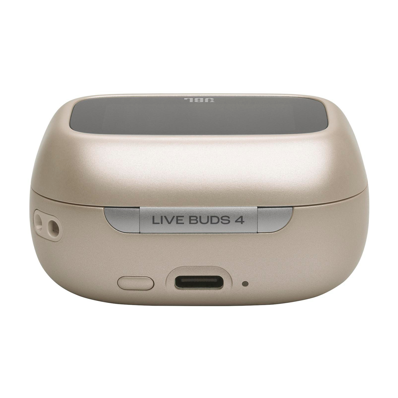 Ein goldener Ladecase mit USB-C-Anschluss und "LIVE BUDS 4"-Aufschrift.