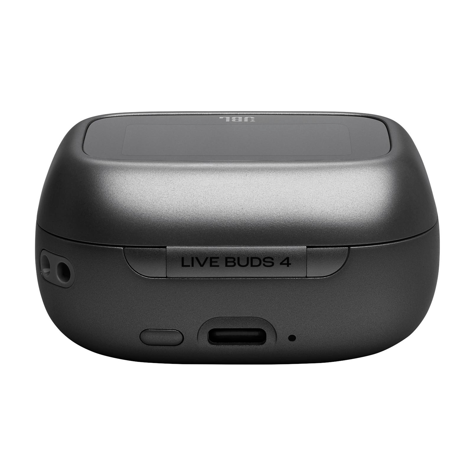 Graues Ladecase für Kopfhörer mit JBL-Logo und Schriftzug LIVE BUDS 4.