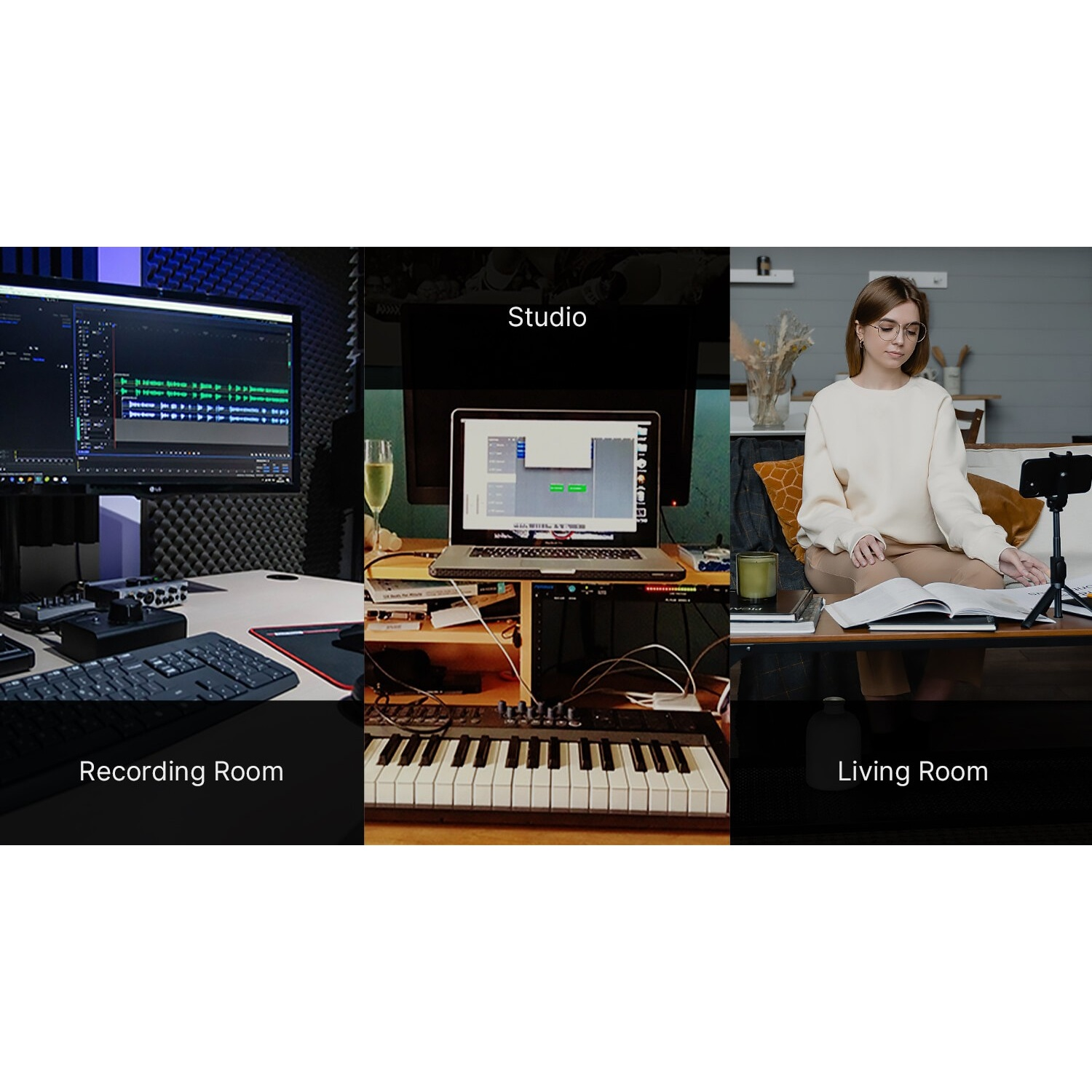 Tre scene: studio di registrazione con monitor, studio con laptop e tastiera, soggiorno con donna.