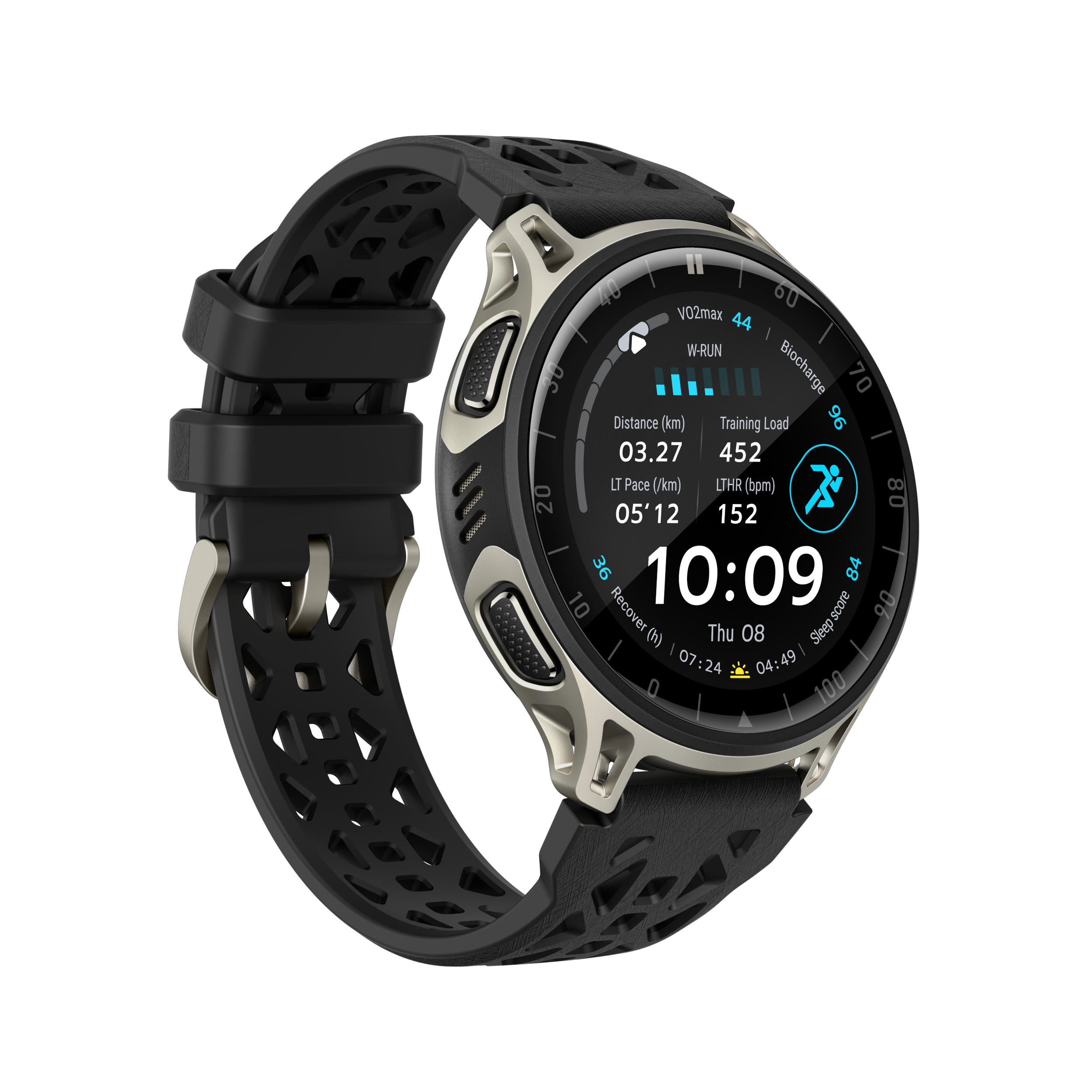 Eine schwarze Smartwatch mit silbernen Akzenten auf einem weißen Hintergrund.