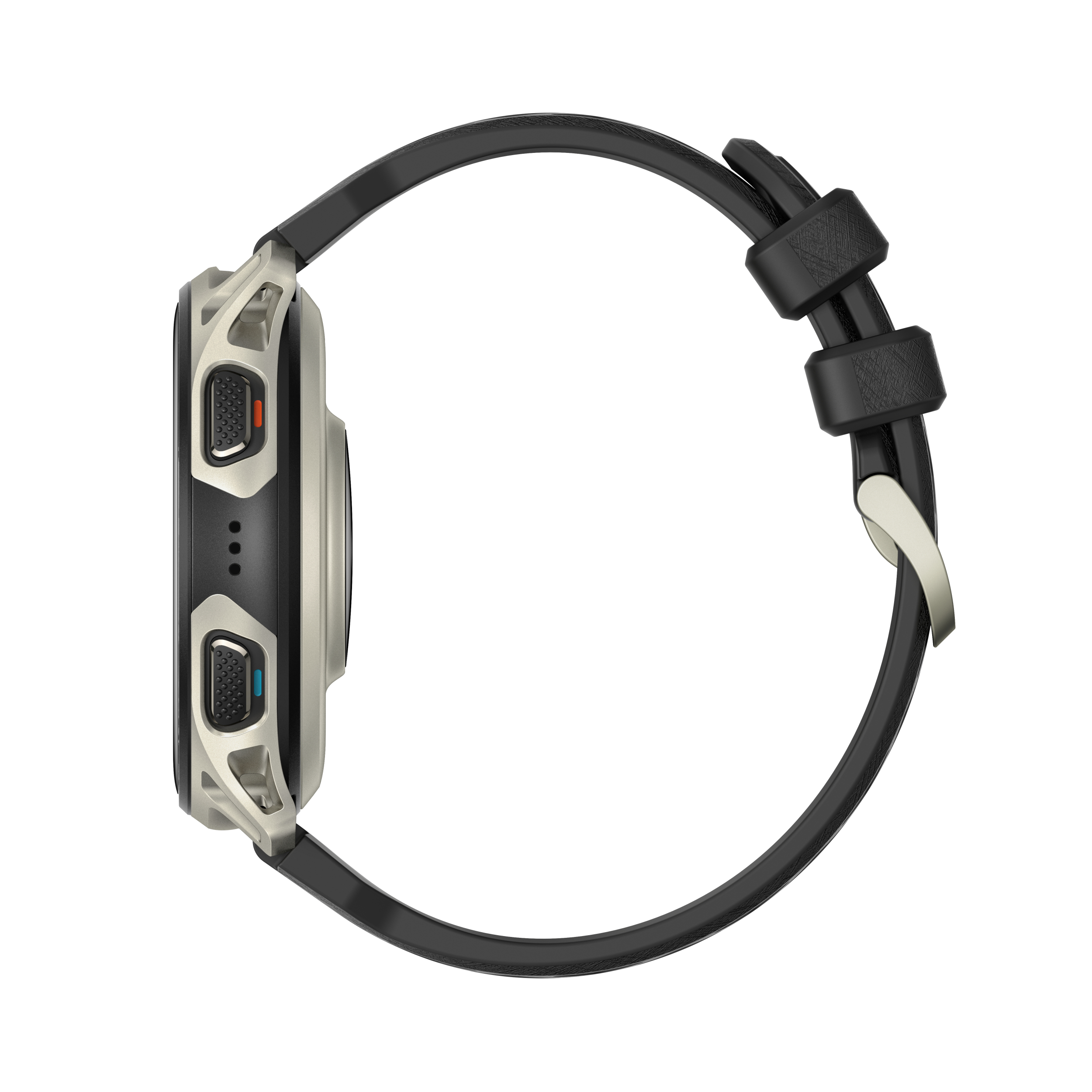 Silberne Smartwatch mit schwarzem Armband, seitliche Tasten mit orangefarbenem Akzent.