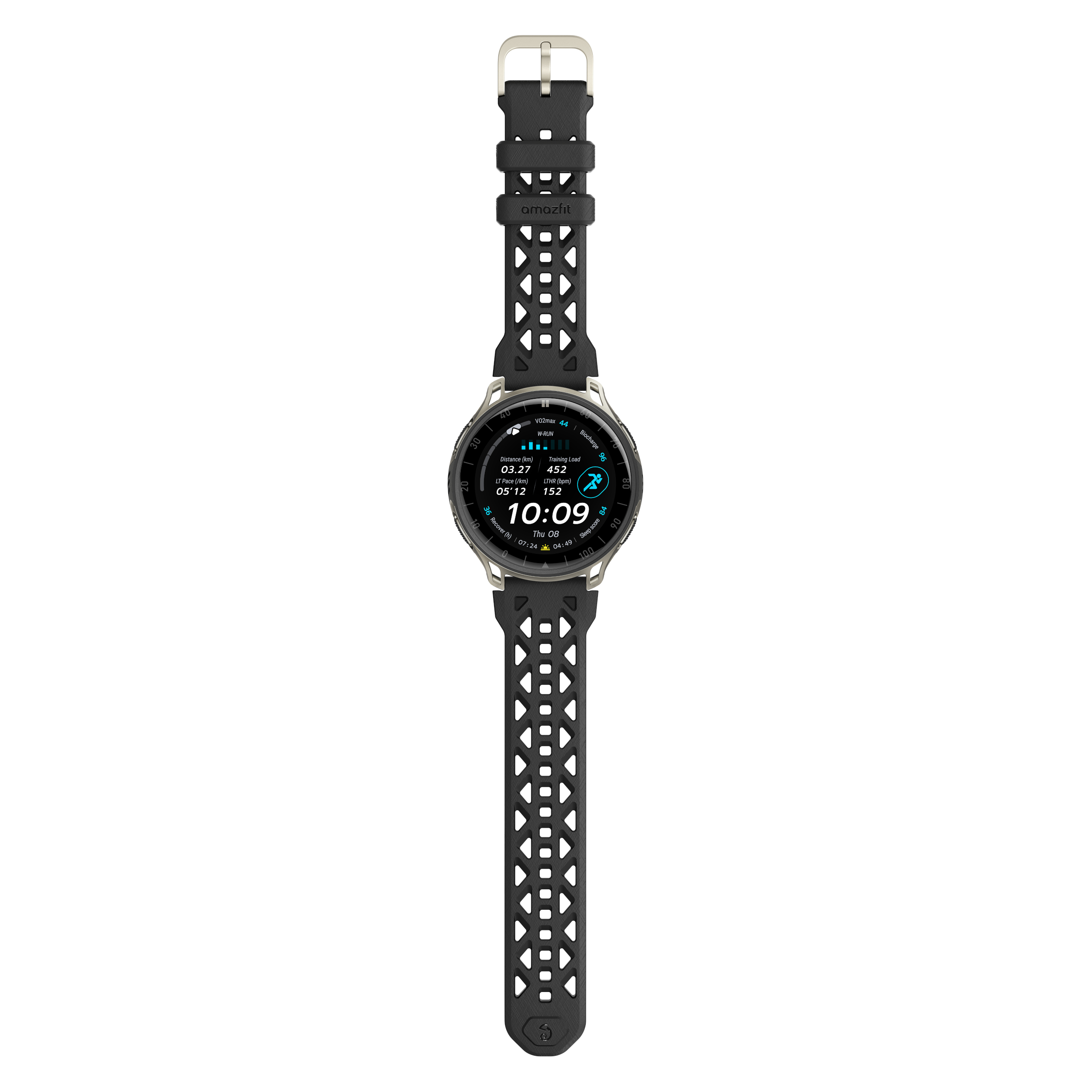 Schwarze Smartwatch mit silbernem Zifferblatt und Gurt. Zeigt 10:09 Uhr an.