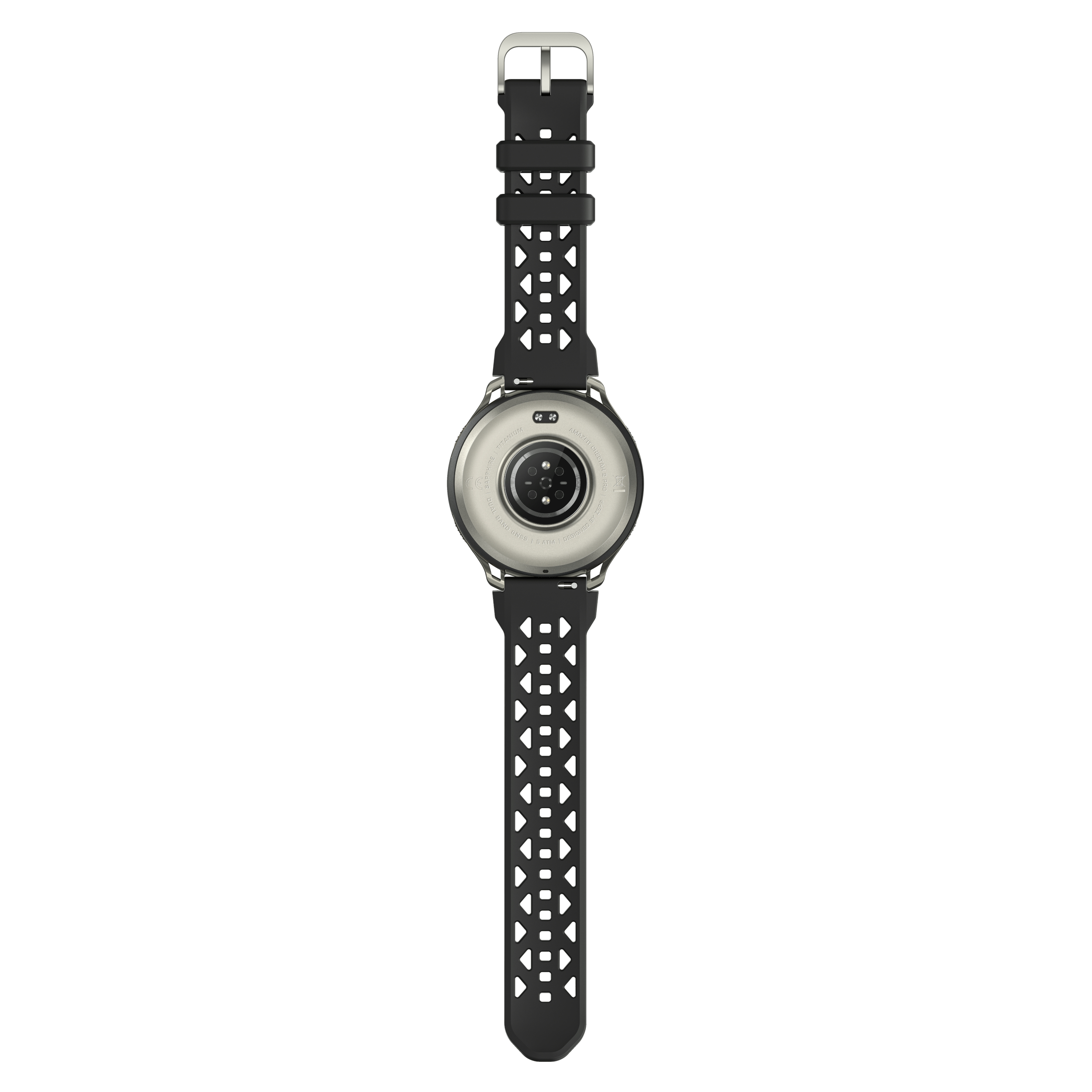 Rückseite einer schwarzen Smartwatch mit silberner Schnalle und geometrischem Armband.