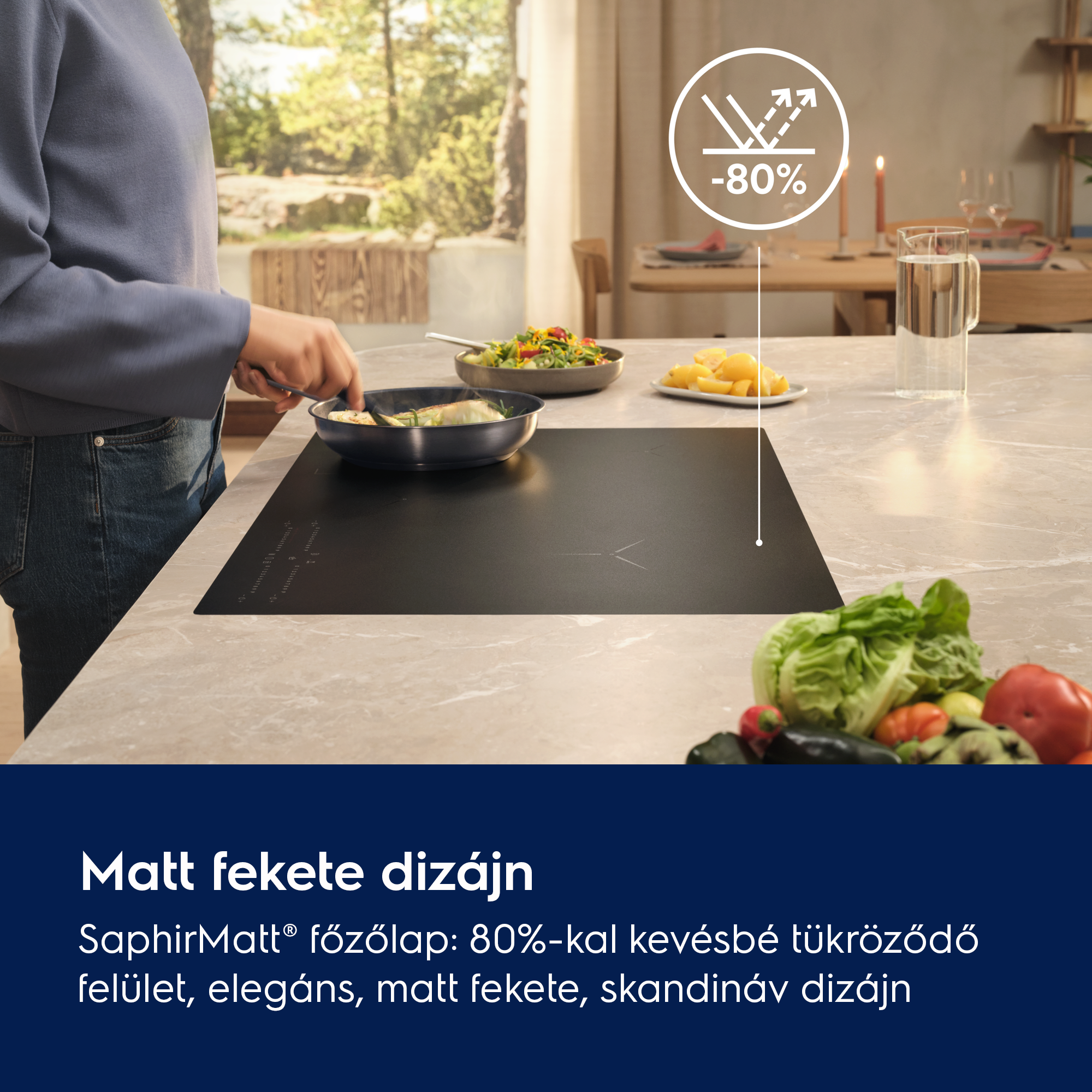 Egy személy fekete indukciós főzőlapon főz. Zöldségek és citromok vannak a közelben.