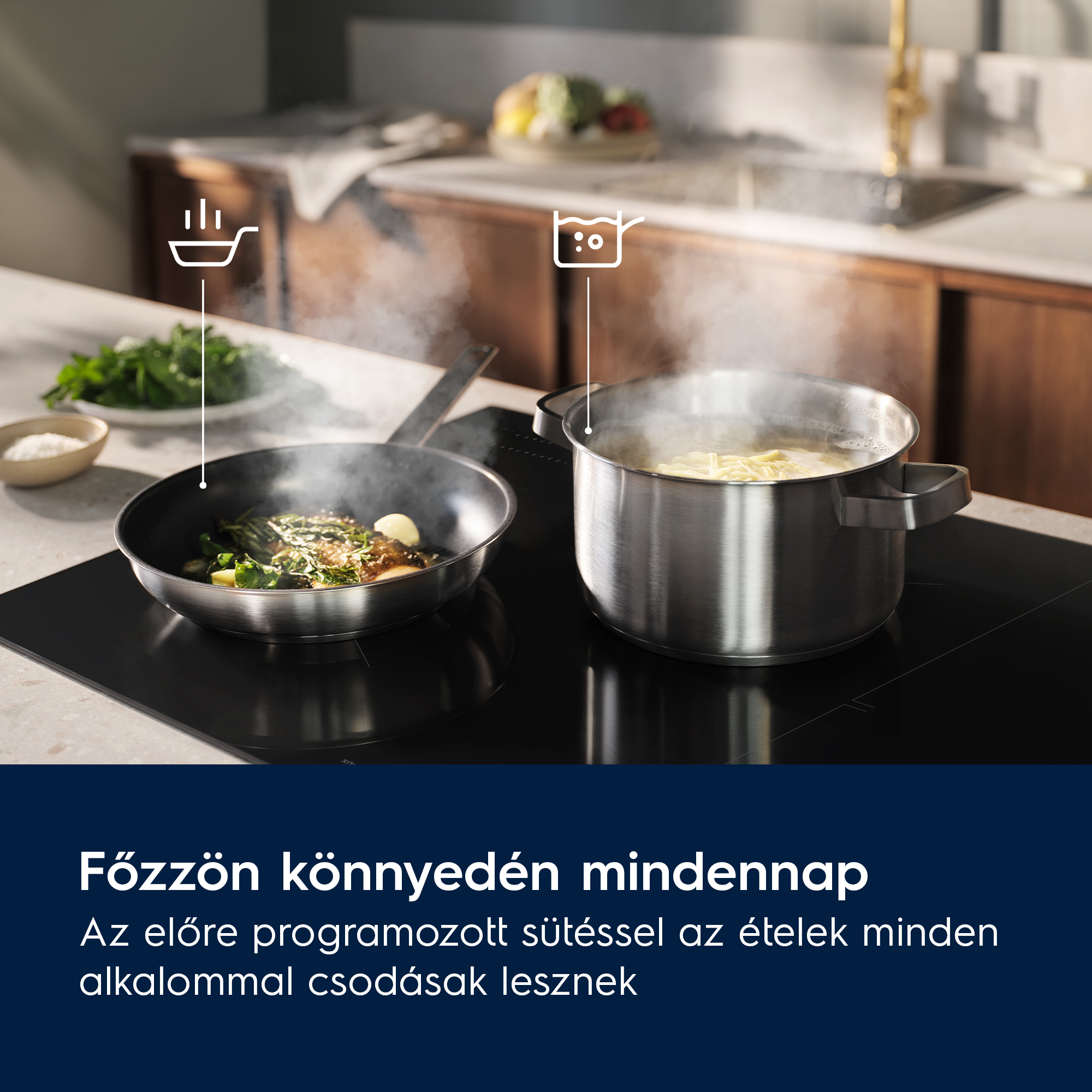 Egy főzőlap gőzölgő edényekkel és serpenyőkkel ételt főz.