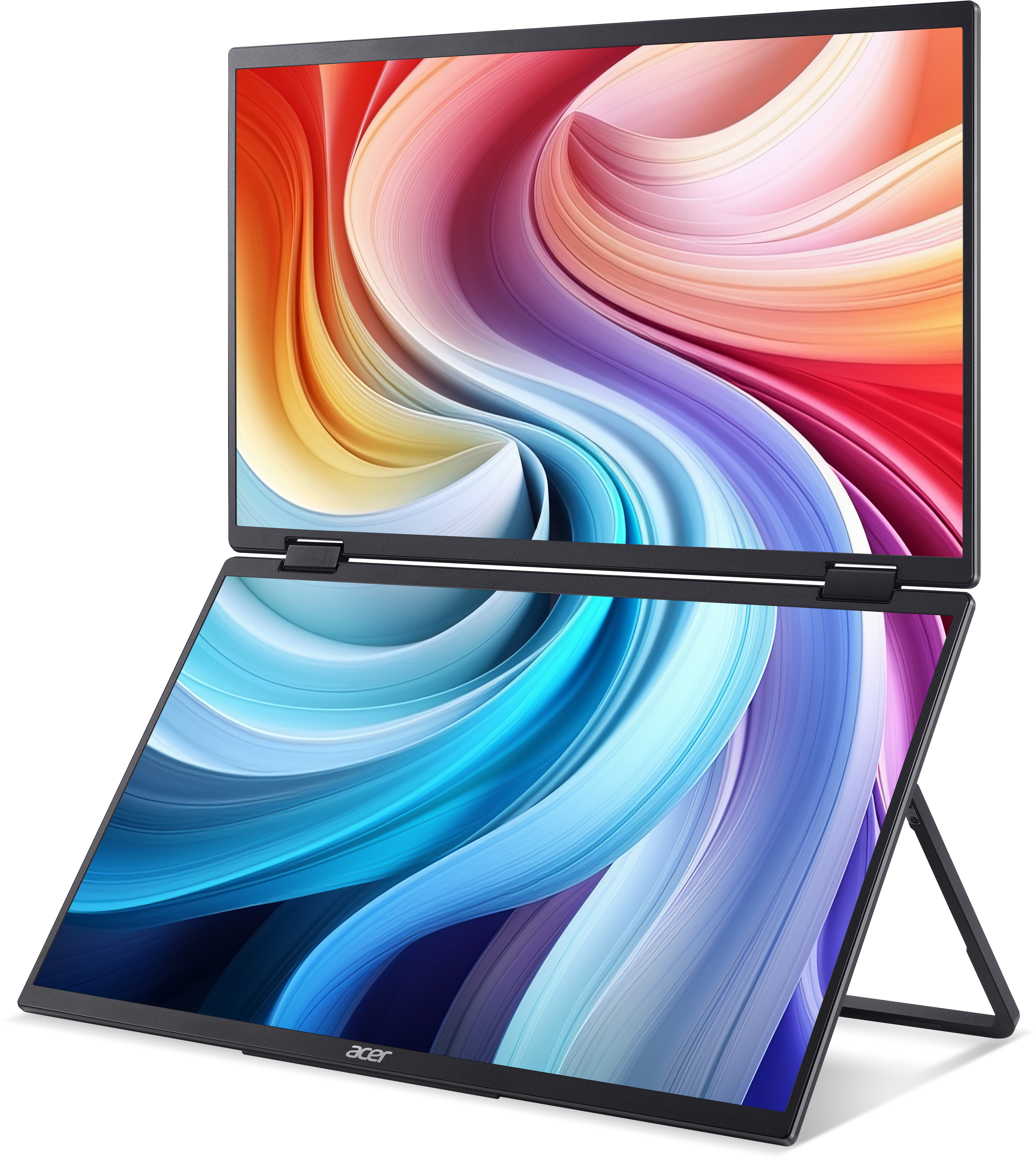 Due laptop con sfondi astratti colorati, uno sopra l'altro.