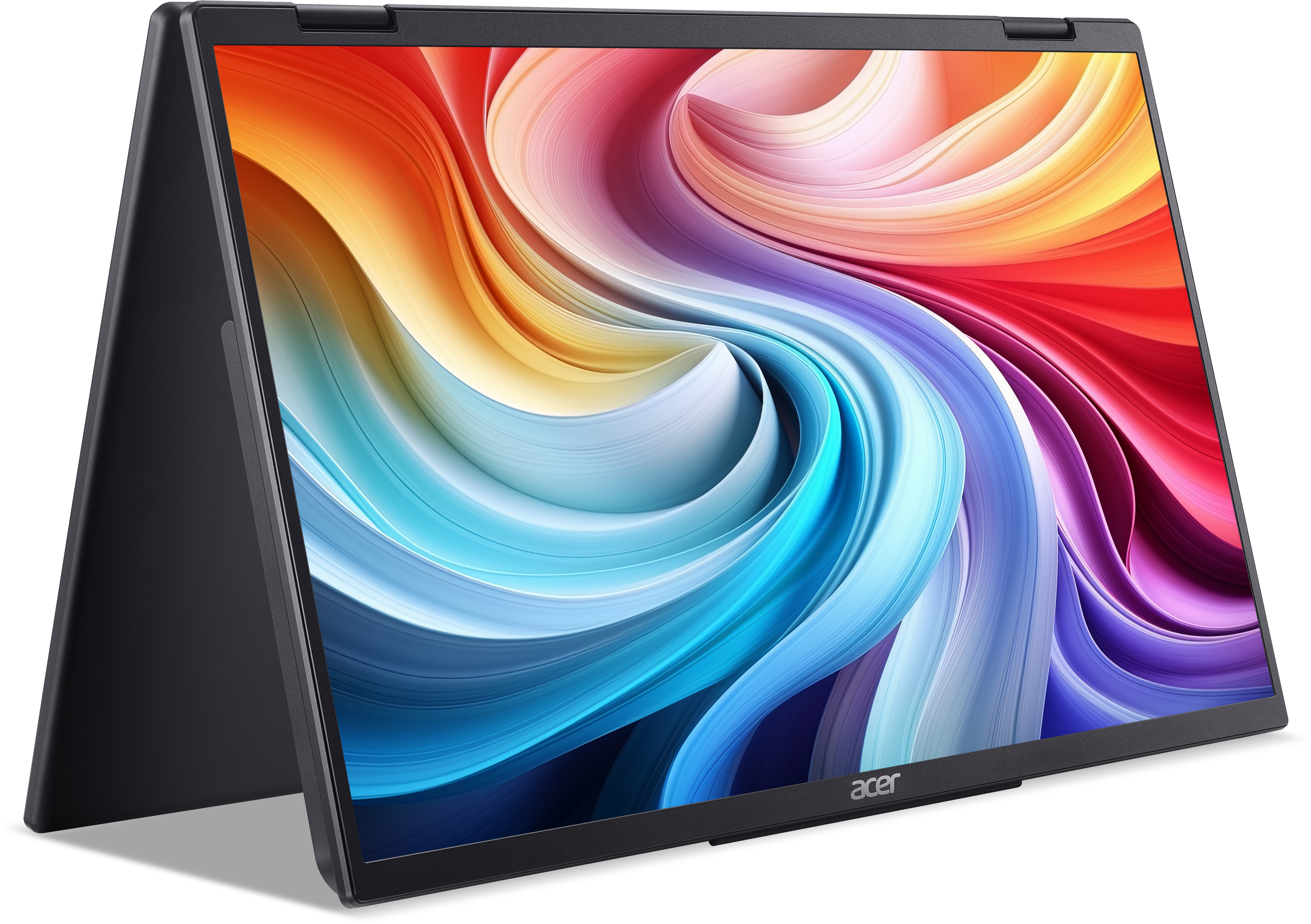 Un laptop nero in modalità Z-flip che mostra uno sfondo ondulato colorato.