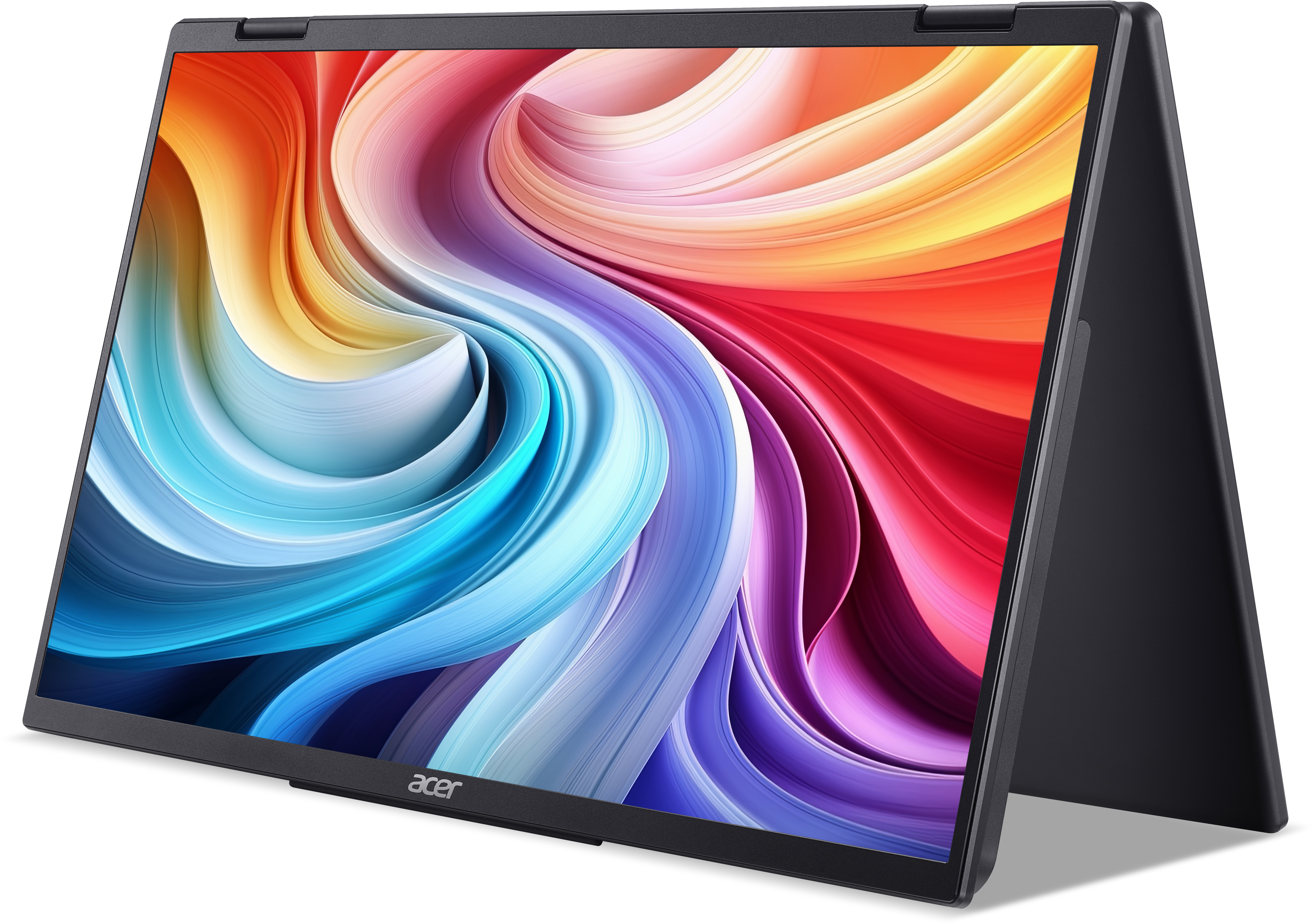 Un laptop aperto mostra uno sfondo astratto e colorato sullo schermo.