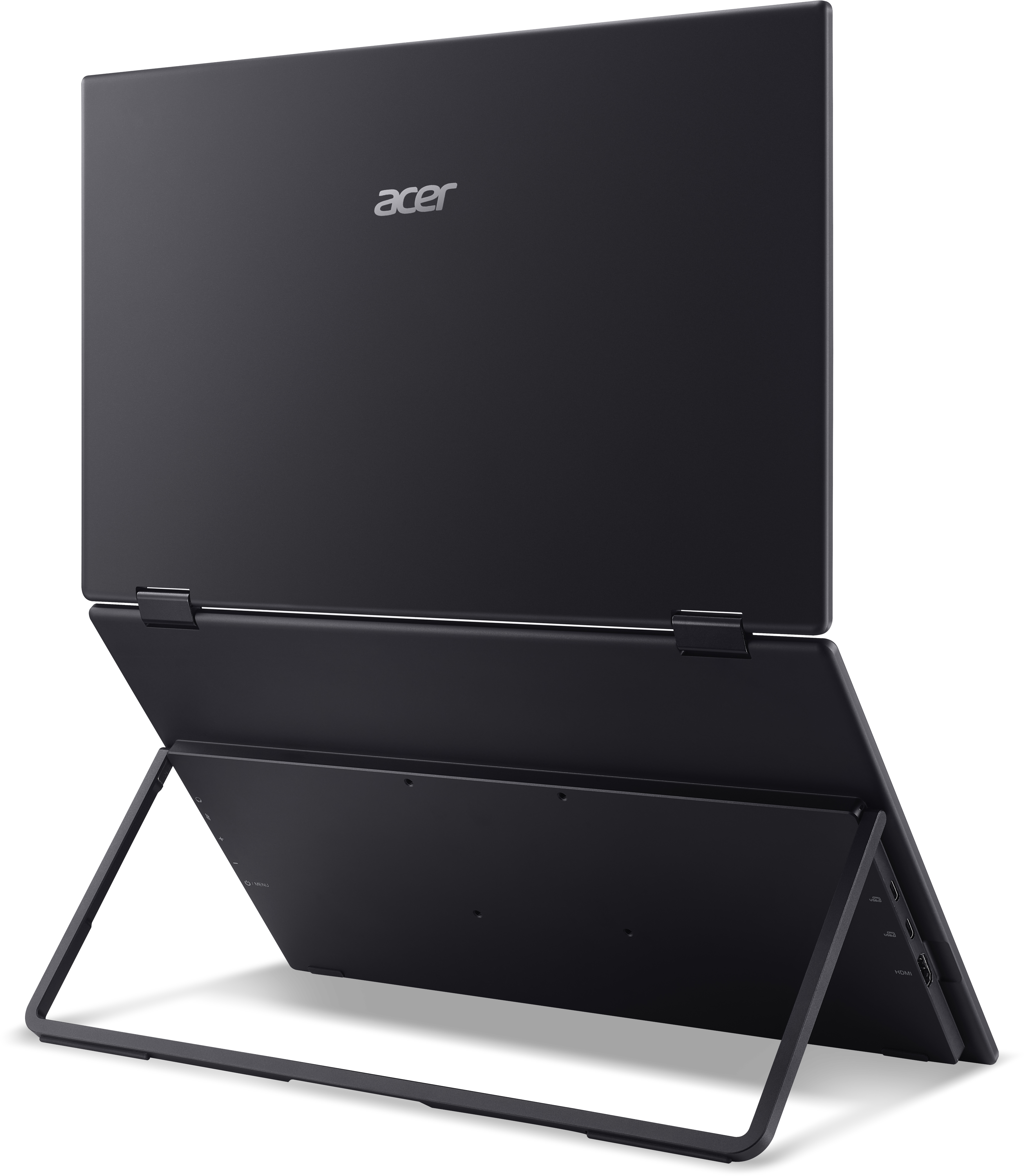 Un laptop convertibile Acer nero poggia su un supporto nero.
