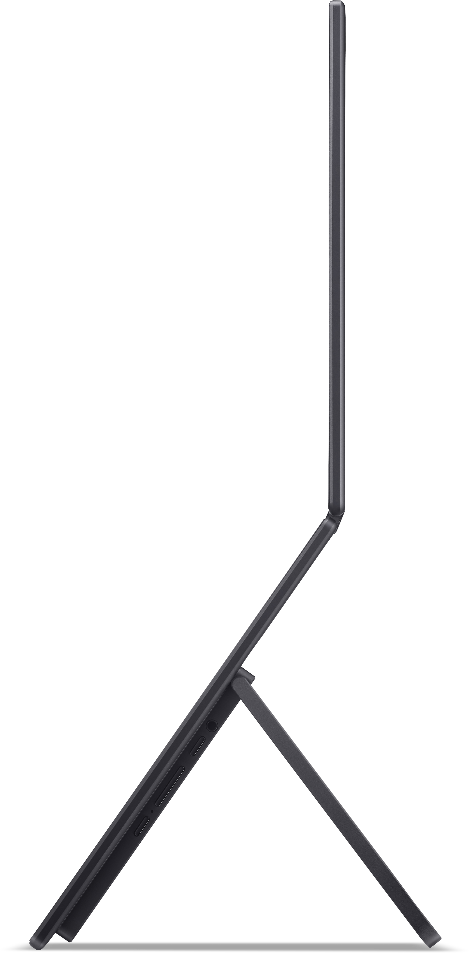 Tablet grigio con cavalletto, vista di lato.