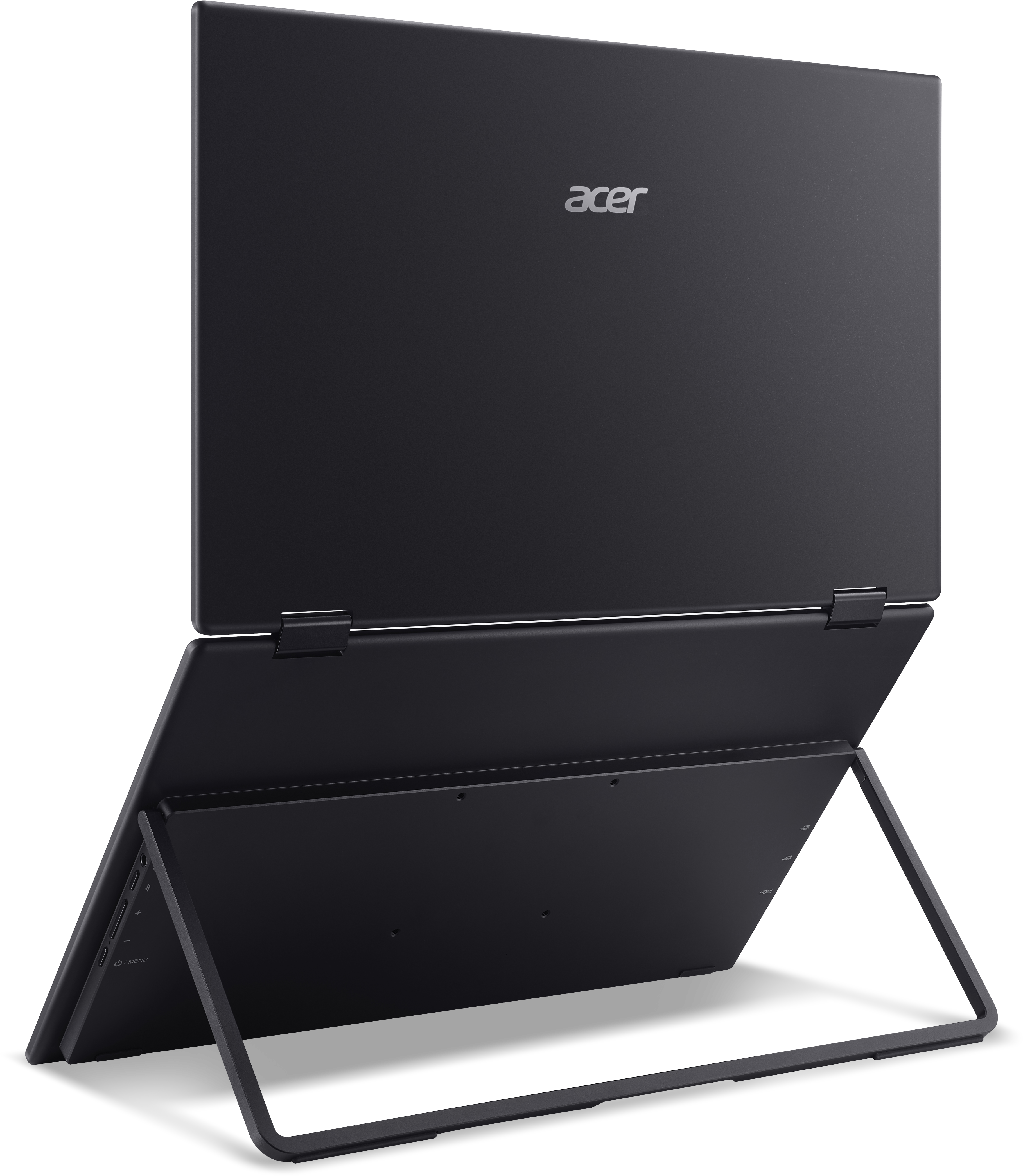 Un laptop Acer scuro è aperto, visto da dietro.