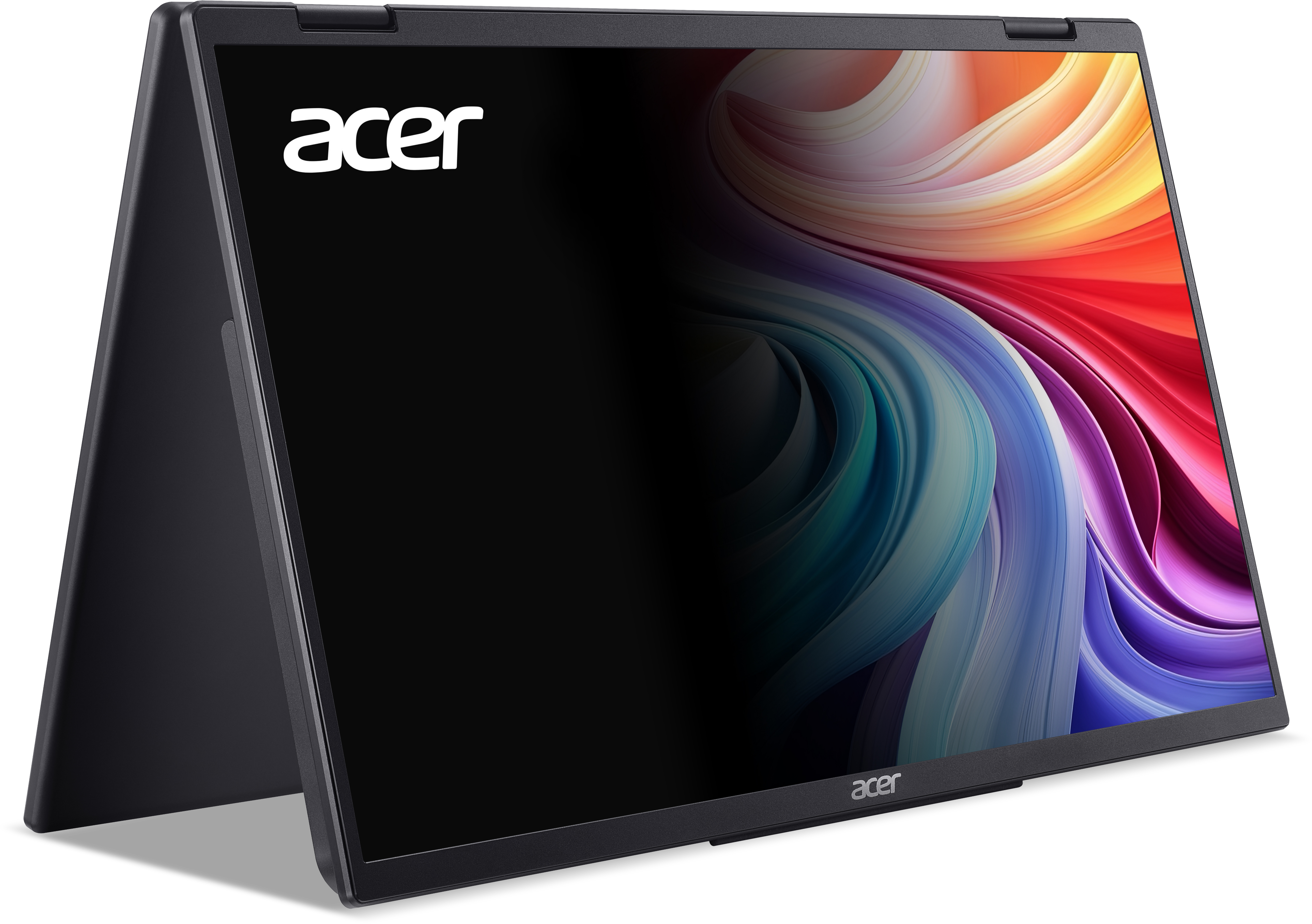 Un laptop Acer nero visualizza uno sfondo astratto colorato sul suo schermo.