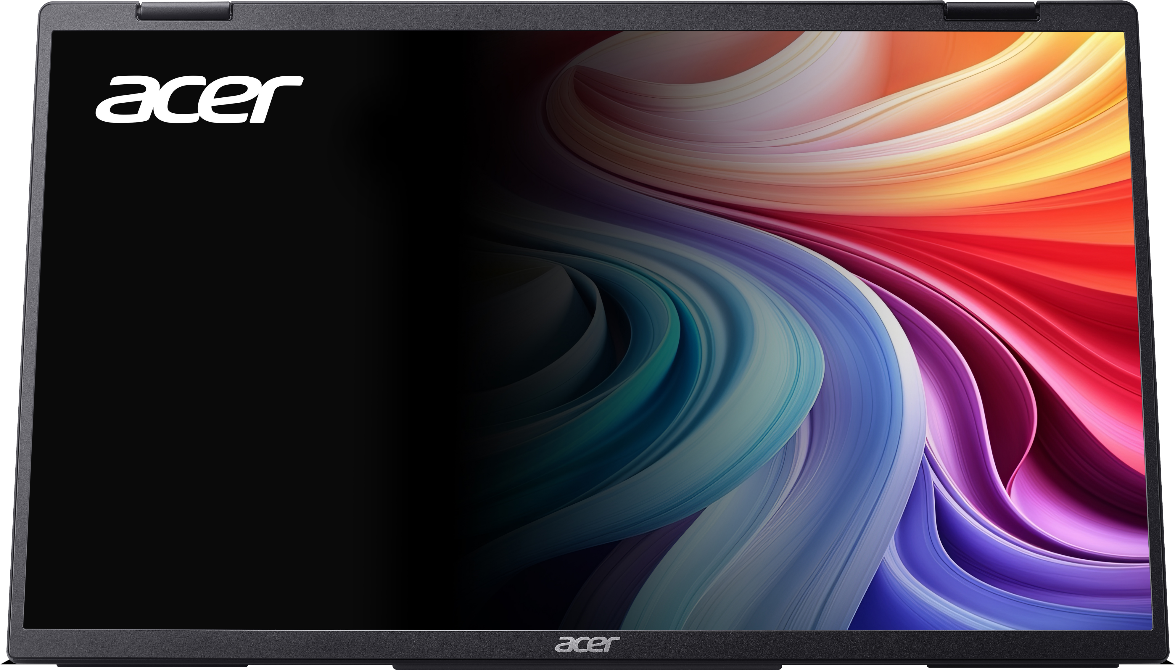 Un laptop Acer con il logo a sinistra e uno sfondo astratto colorato a destra.