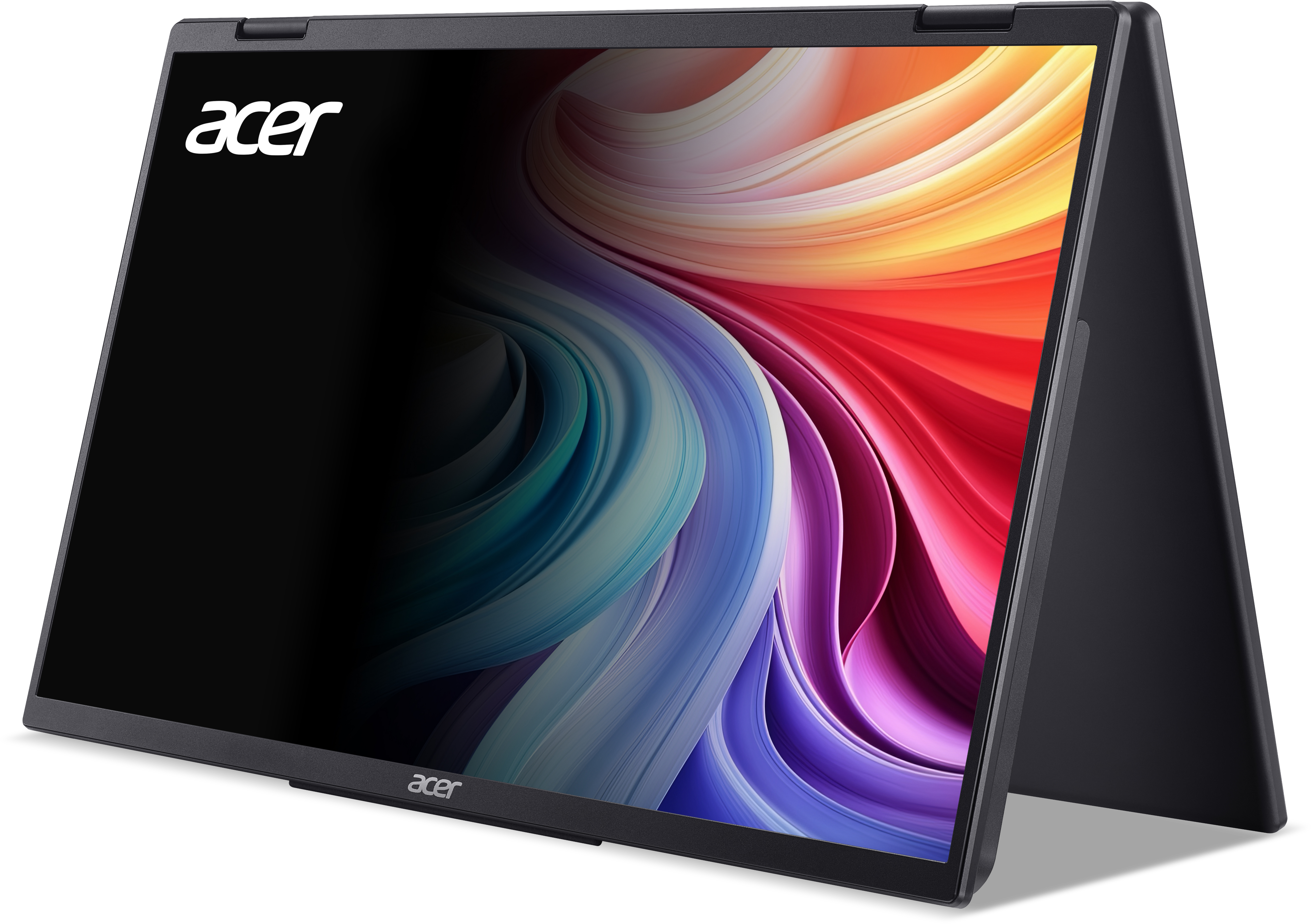 Un laptop Acer aperto mostra uno sfondo astratto e colorato sullo schermo.