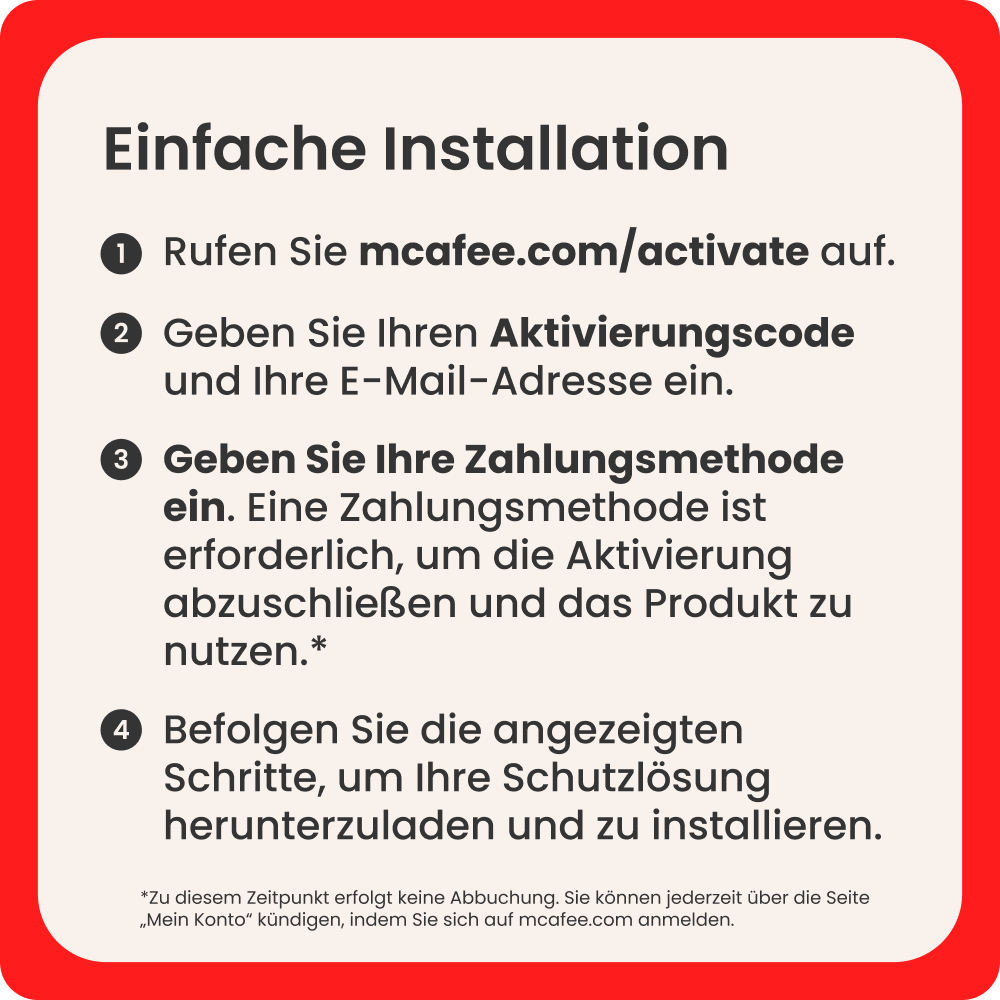 Anleitung für einfache Installation mit 4 Schritten, inkl. Website und Zahlungsmethode.