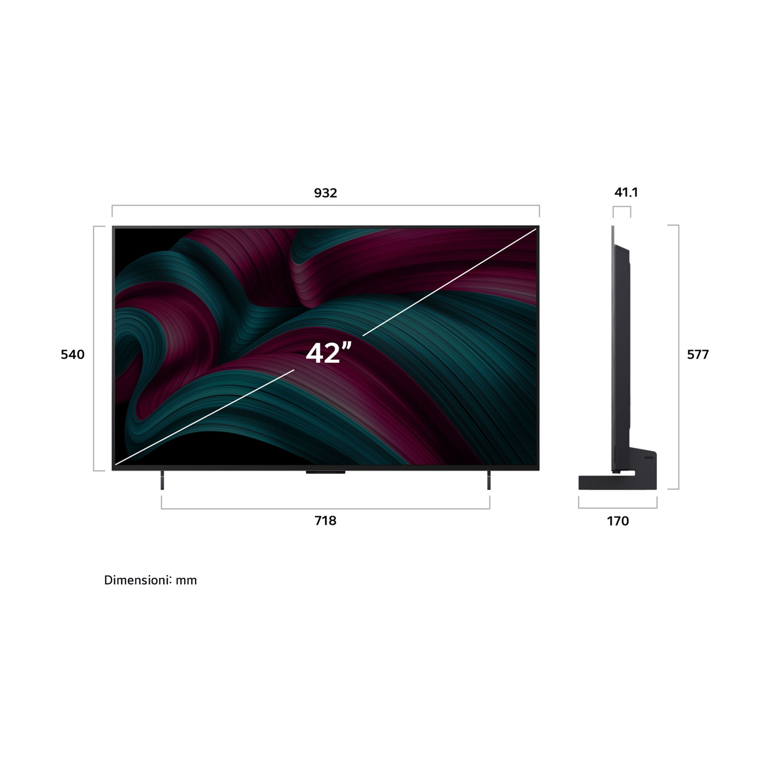 Un TV da 42 pollici con grafica astratta rossa e blu, dimensioni mostrate.
