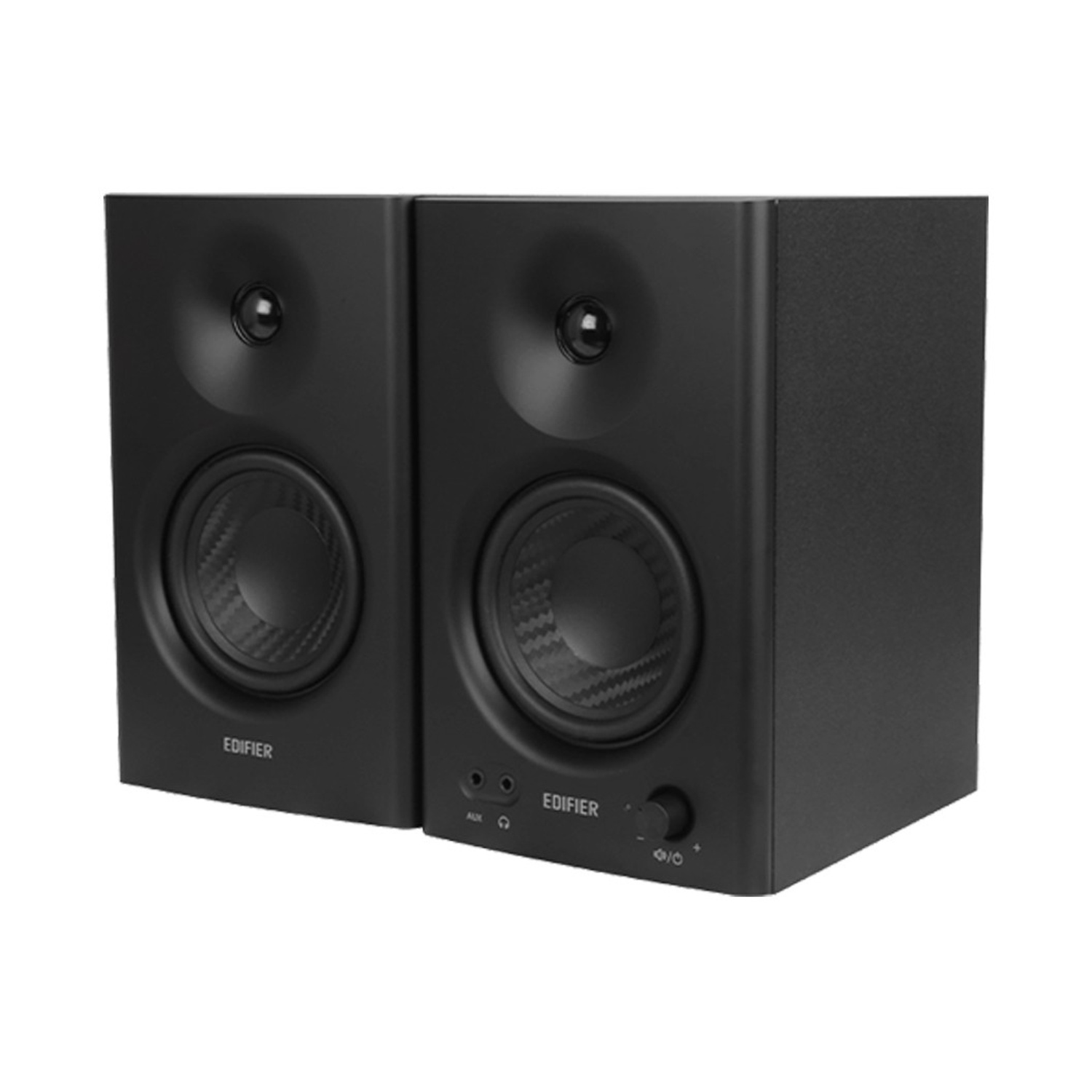 Due altoparlanti neri Edifier con tweeter e woofer rotondi.