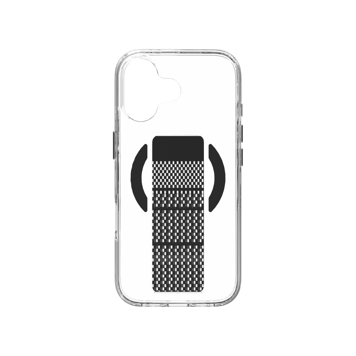 Siyah kareli ve çizgili desenli şeffaf telefon kılıfı.