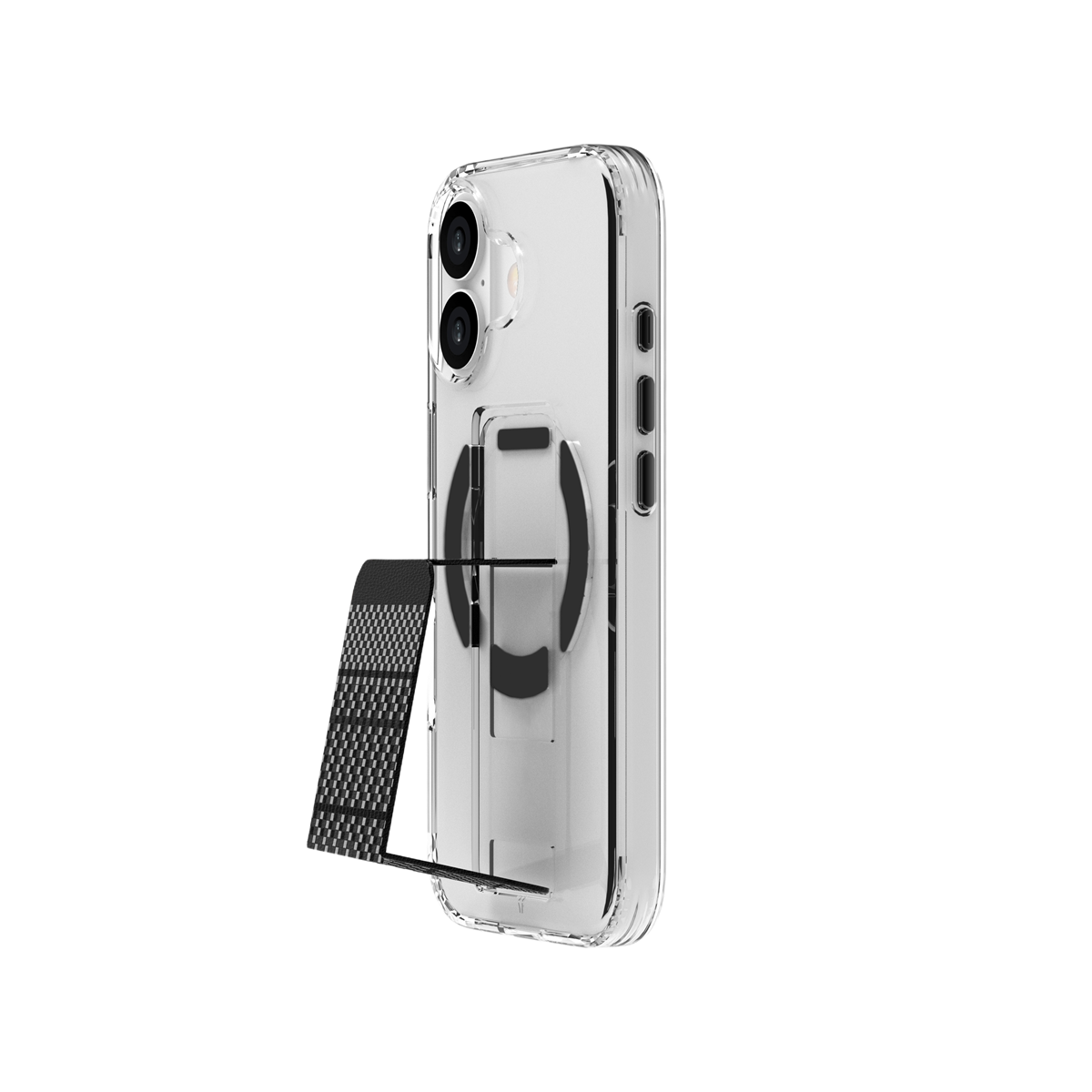 Siyah stantlı şeffaf telefon kılıfı. Minimalist tasarım.