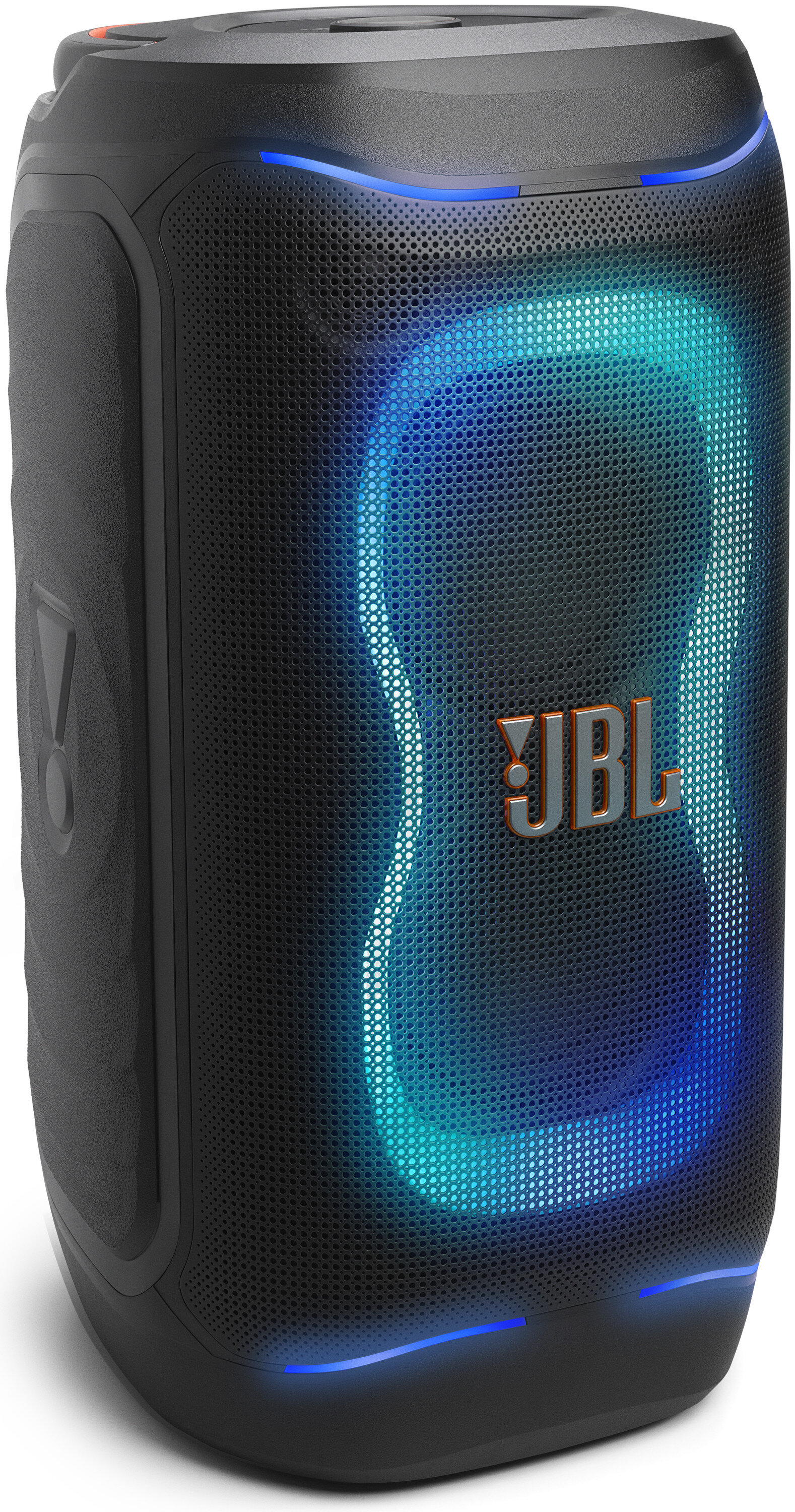 Czarny głośnik JBL z niebieskimi i zielonymi światłami. Logo JBL jest pomarańczowe.