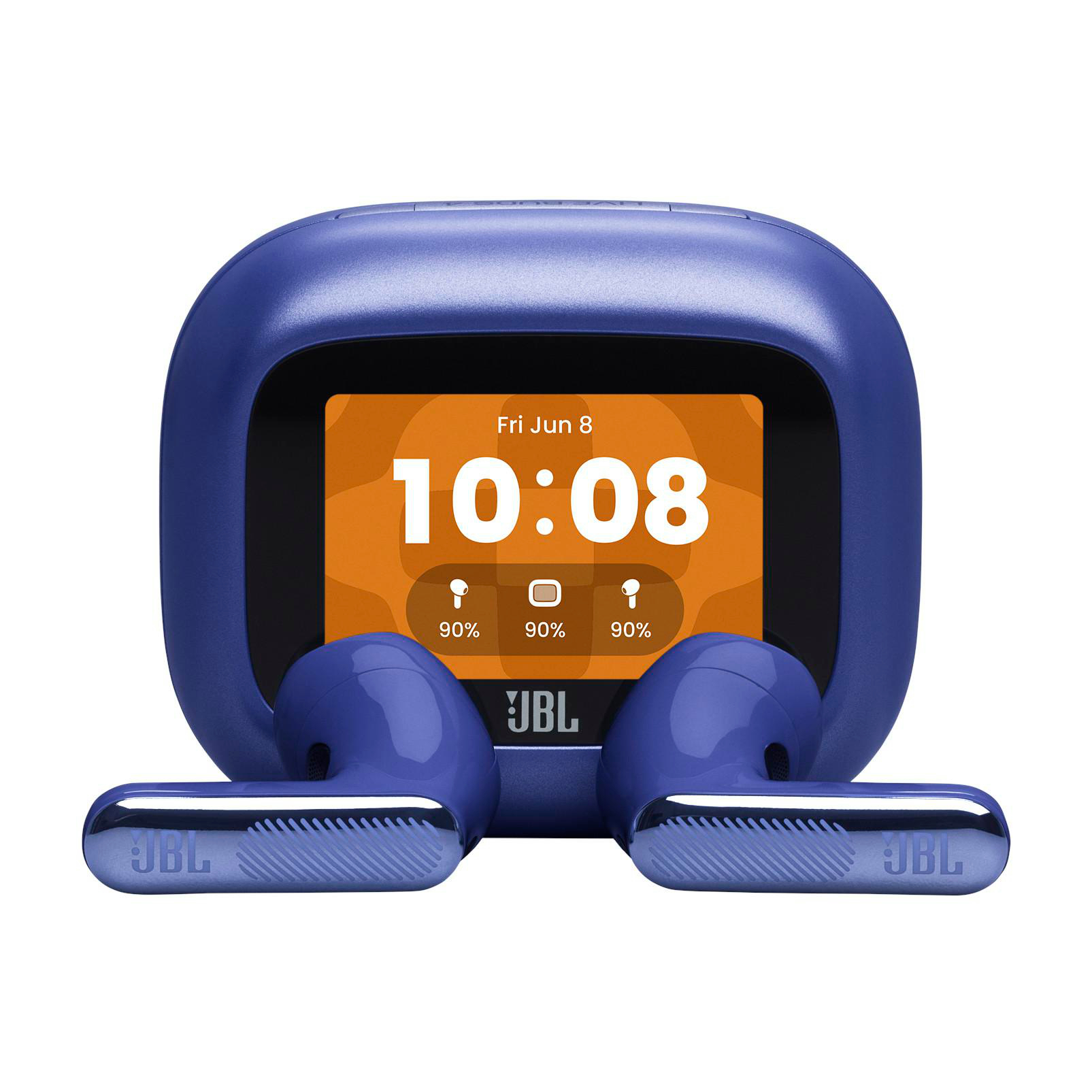 Ein blaues JBL-Wearable mit Kopfhörern und einer Uhrzeit von 10:08.