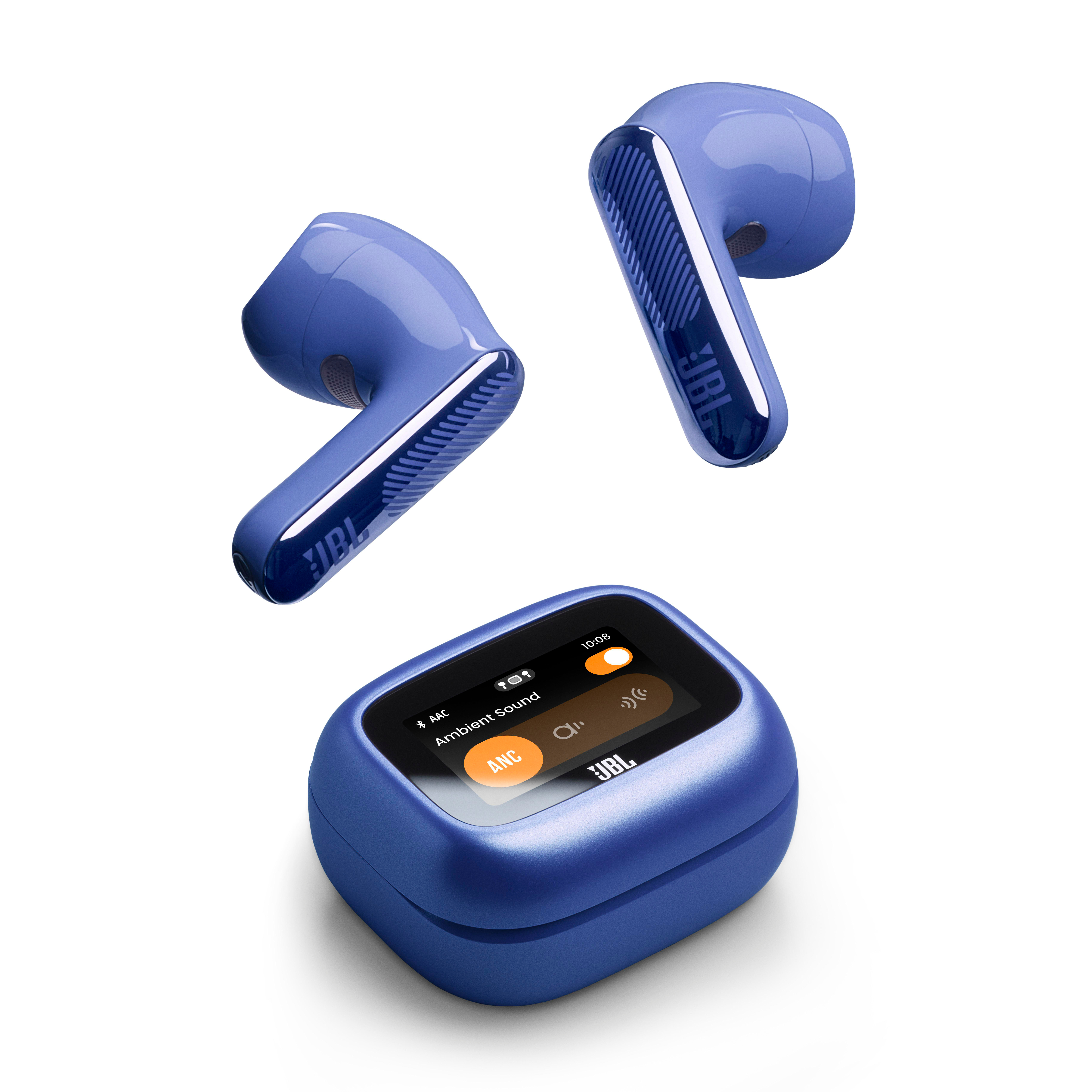 Blaue JBL Kopfhörer und Ladecase mit Touchscreen.