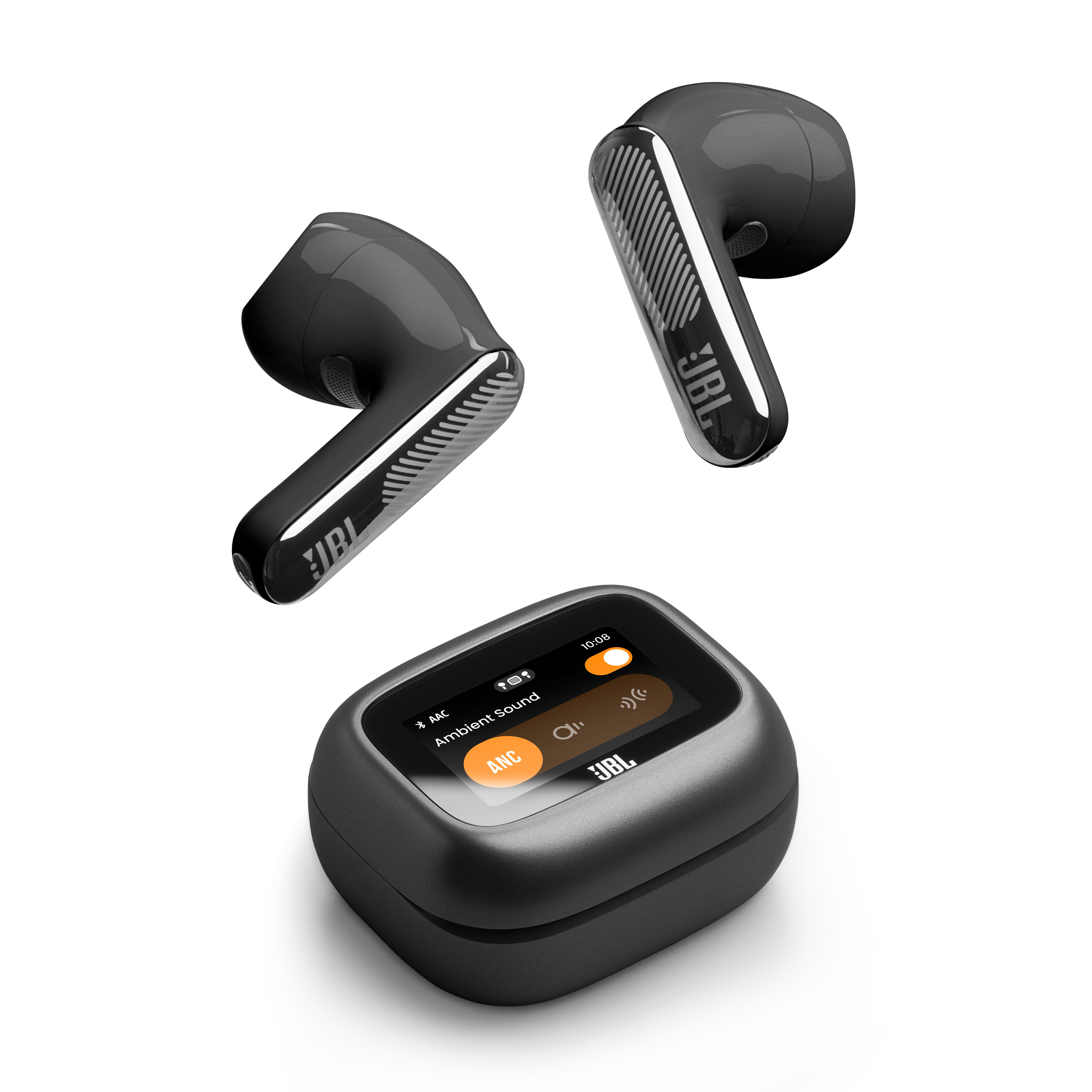 Zwei schwarze JBL-Kopfhörer und ihre Ladebox mit Touchscreen.