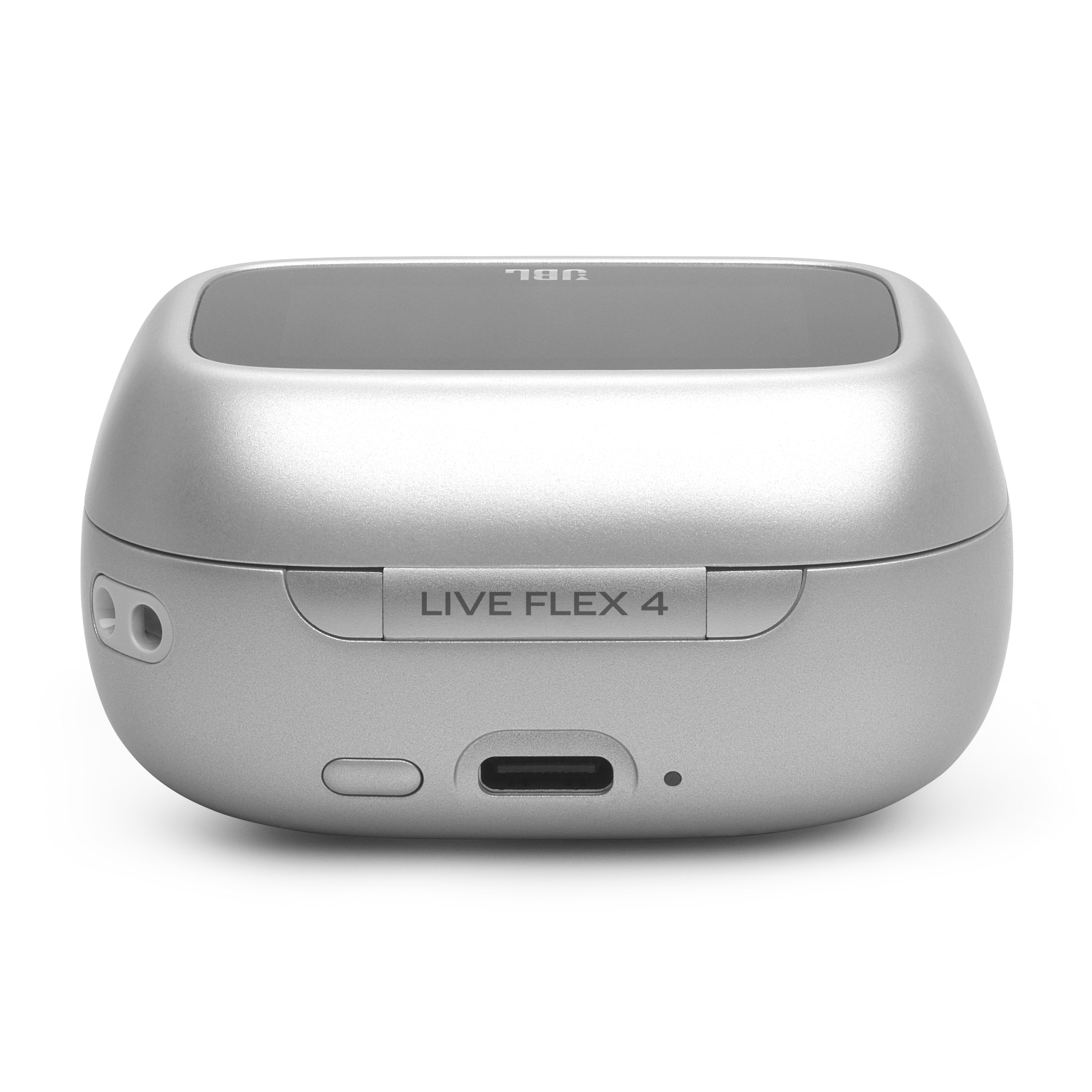 Silbernes JBL Live Flex 4 Ladecase mit USB-C-Anschluss.