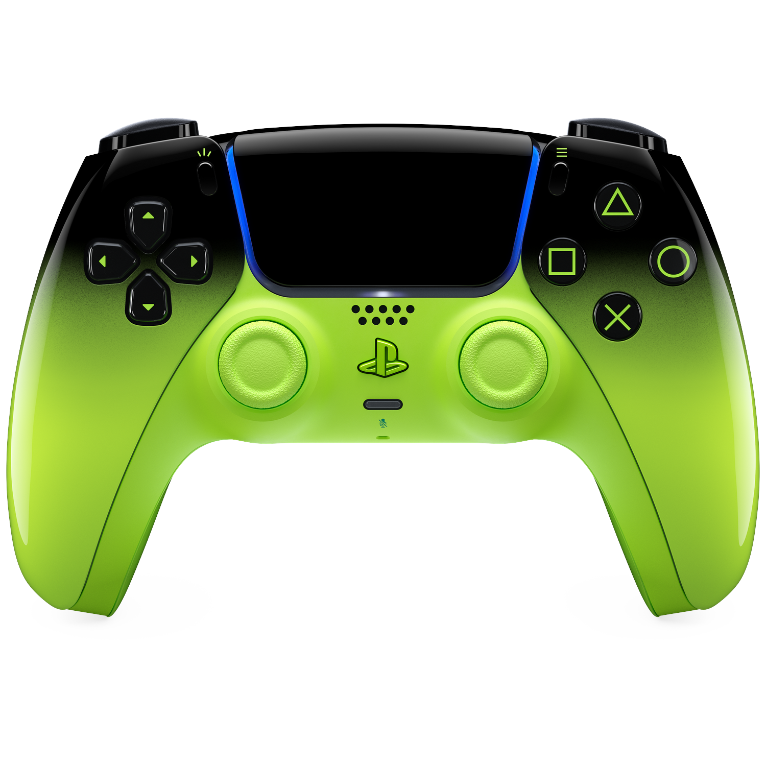 Een felgroene controller met zwarte accenten en symbolen.