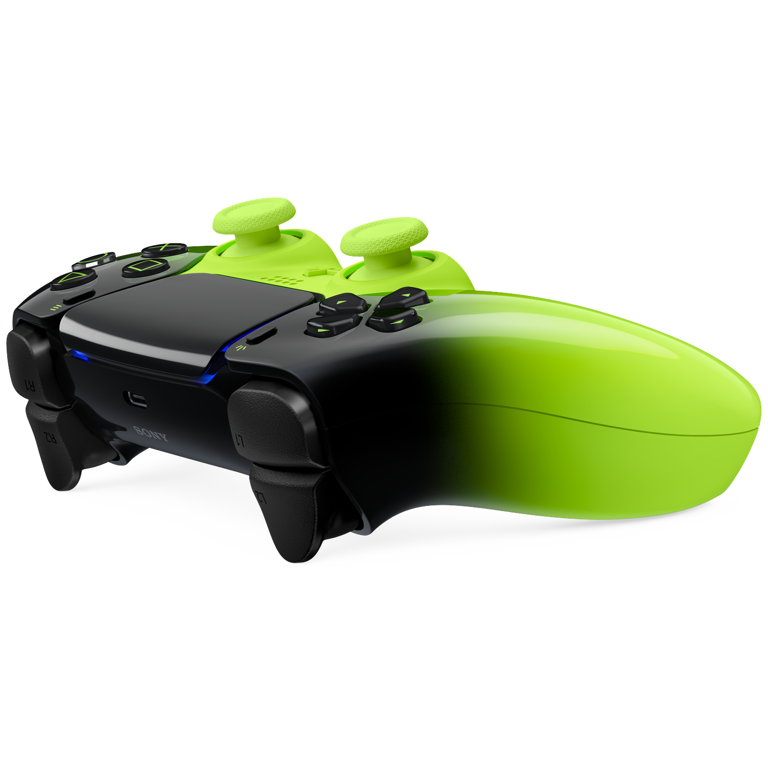 Een zwarte en groene controller met twee joysticks en knoppen.