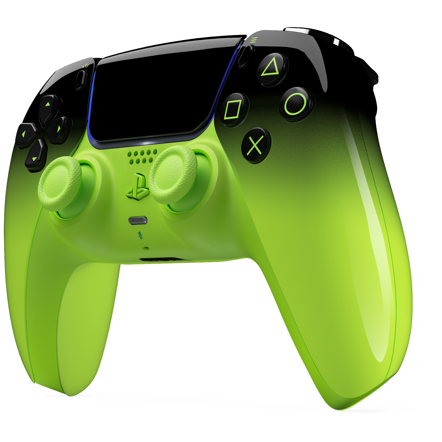 Een neon-groene en zwarte gradiënt videogamecontroller met symbolen op knoppen.