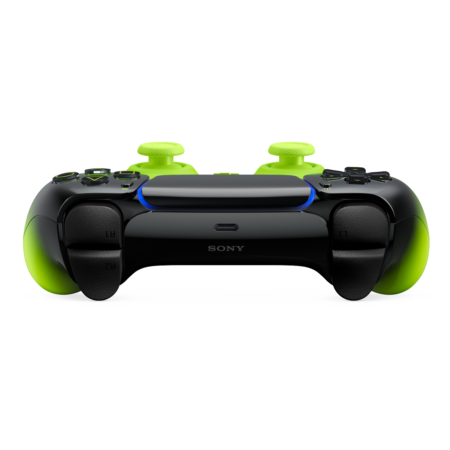 Zwarte controller met felgroene accenten en joysticks.