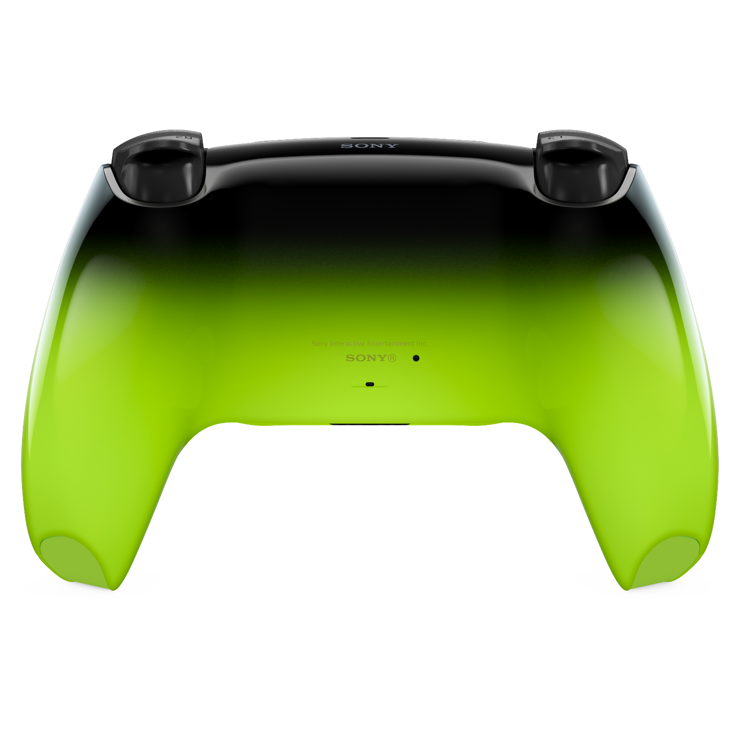 Achterkant van een PlayStation controller met een gradiënt van zwart naar limegroen.