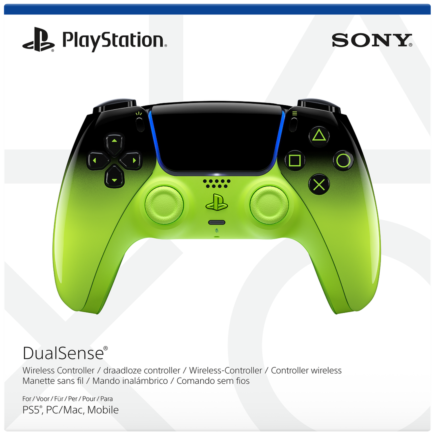 Een groene en zwarte PlayStation DualSense controller met Sony logo.