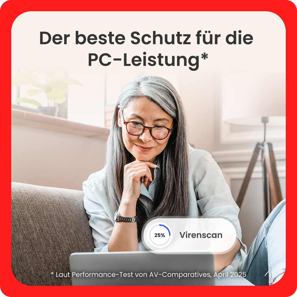 Frau mit langen grauen Haaren am Laptop, Text über PC-Schutz.