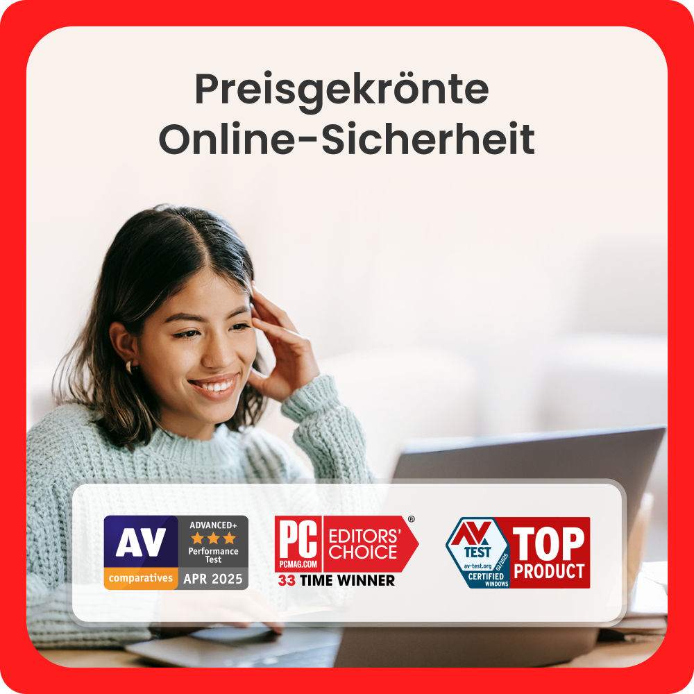 Lächelnde Frau mit Laptop, ausgezeichnet für Online-Sicherheit mit Logos.