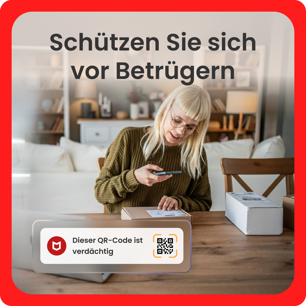 Eine Frau scannt mit ihrem Handy einen verdächtigen QR-Code auf einem Paket.