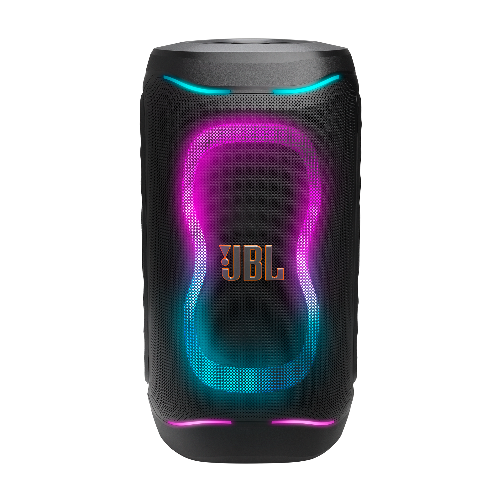Schwarzer JBL Lautsprecher mit pink-blauen Lichtern und JBL-Logo.