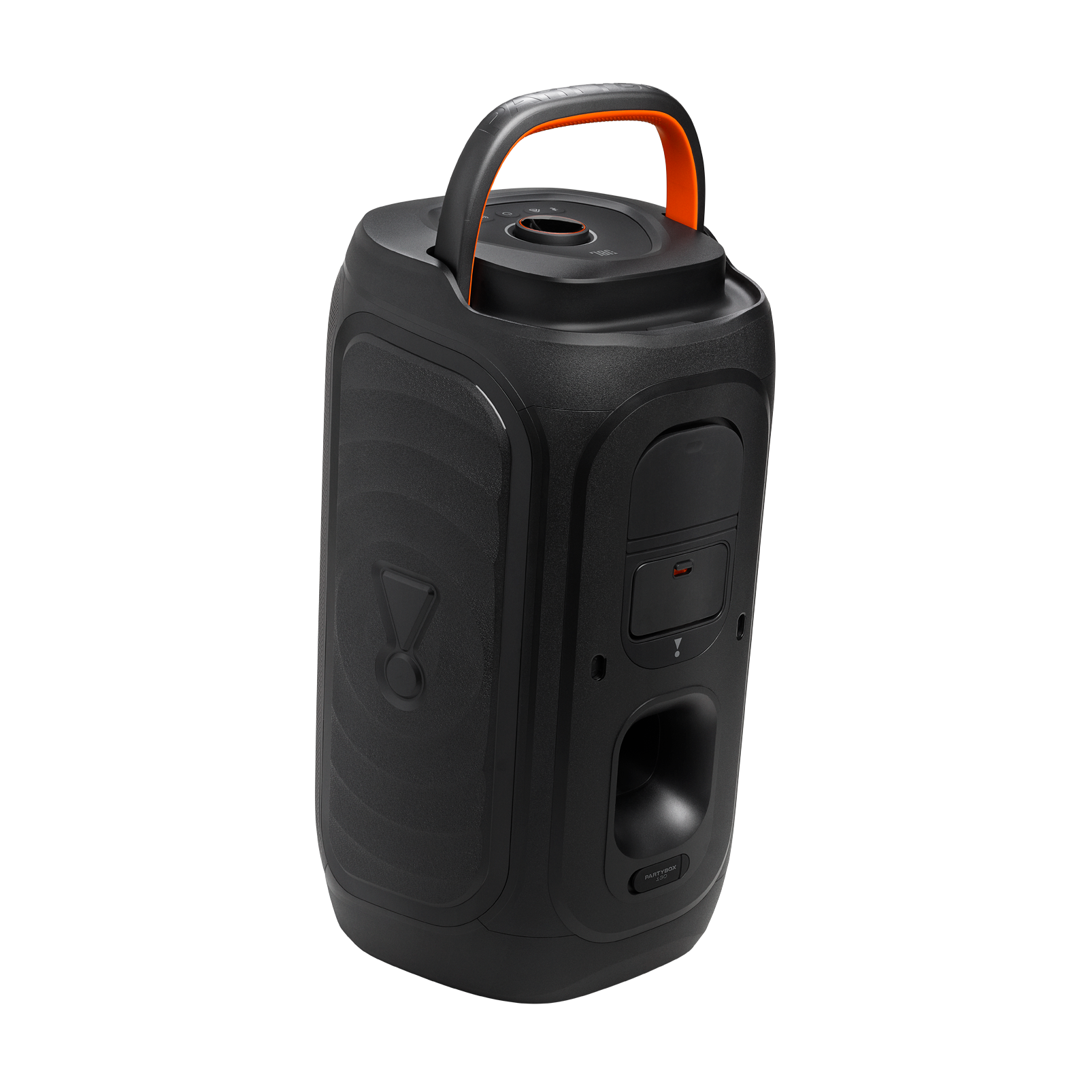 Schwarzer tragbarer Lautsprecher mit orangefarbenem Griff und JBL-Logo.